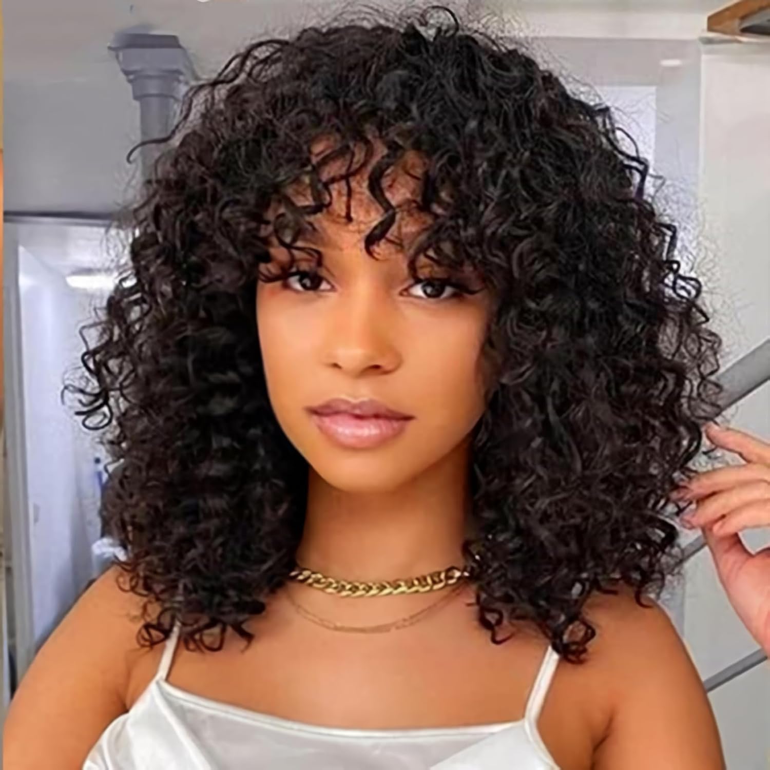 Short Bob Curly Human Hair Wigs with Bangs 100% Brazilian Virgin Bob Wig Human Hair for Black Women Glueless Full Machine Made None Lace Front Wig 180% Density Natural Black 14 Inch