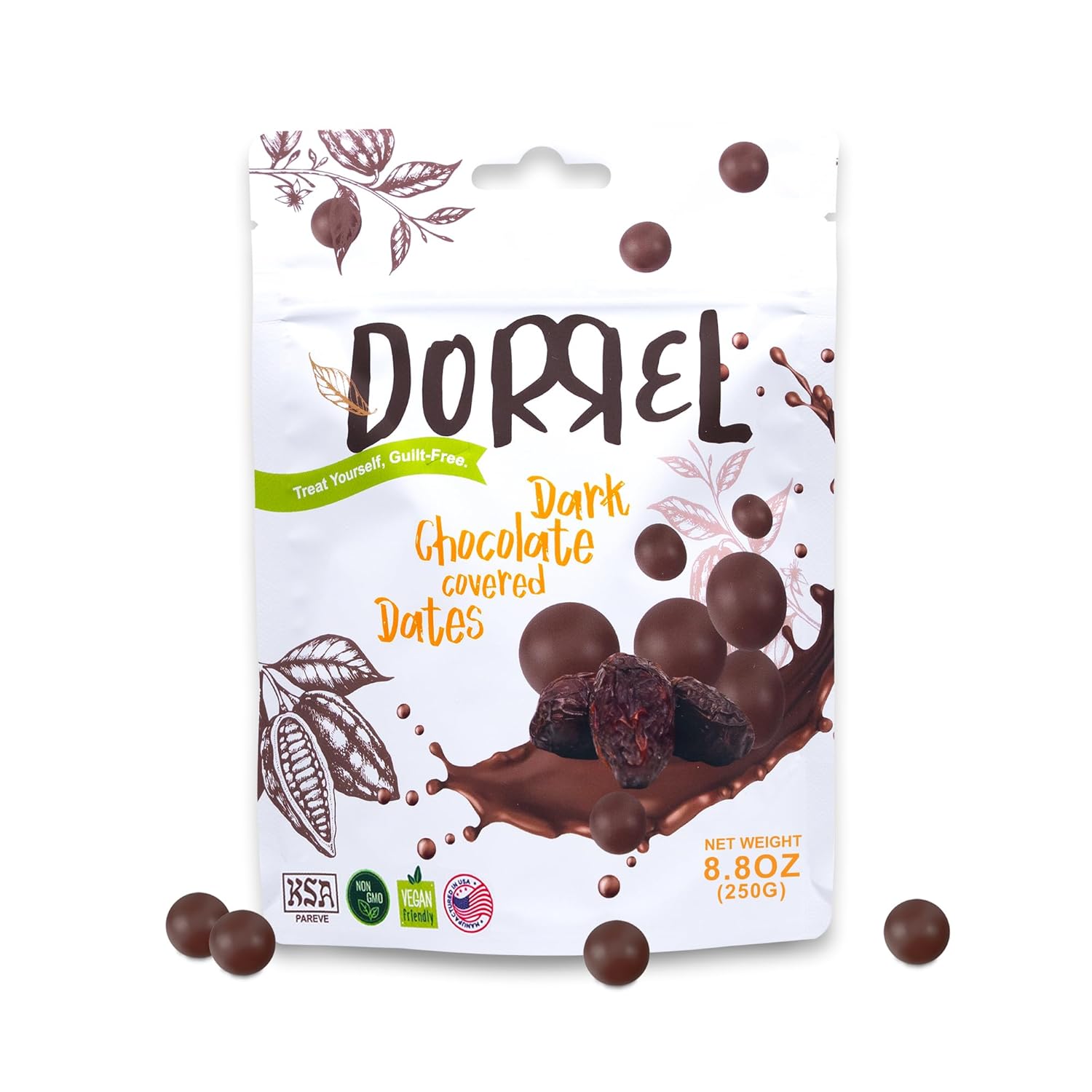 Dorrel Dark Chocolate Covered Dates - Nutritious and Sweet Snacks - Organic, Vegan - High Energy Source - Non-GMO - Kosher Pareve - Healthy, Dried Date Delight Fruit Snack [8.8 Ounce]
