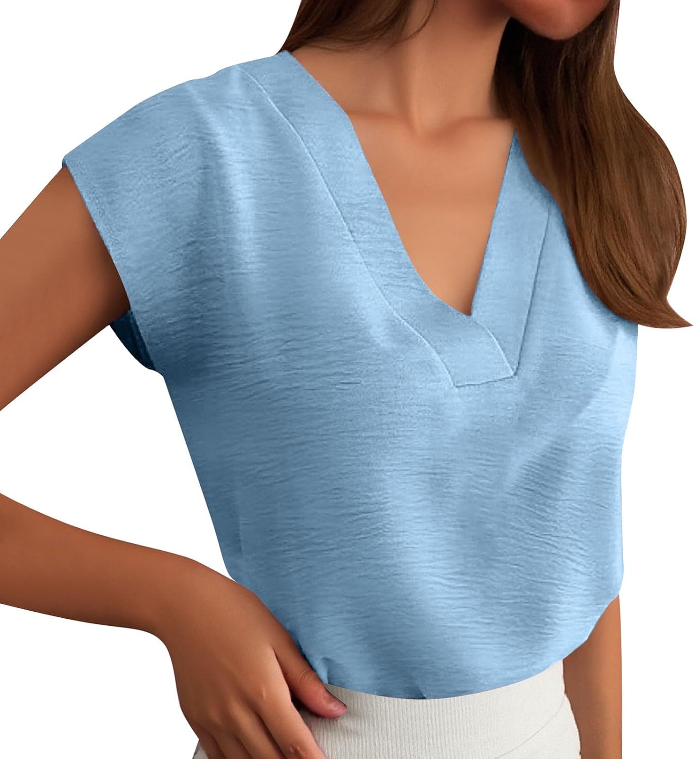 Women Casual Summer Tops Cap Sleeve Textured Dressy V Neck Shirts Business Work Blouses Loose Fit Basic Tees Tshirt