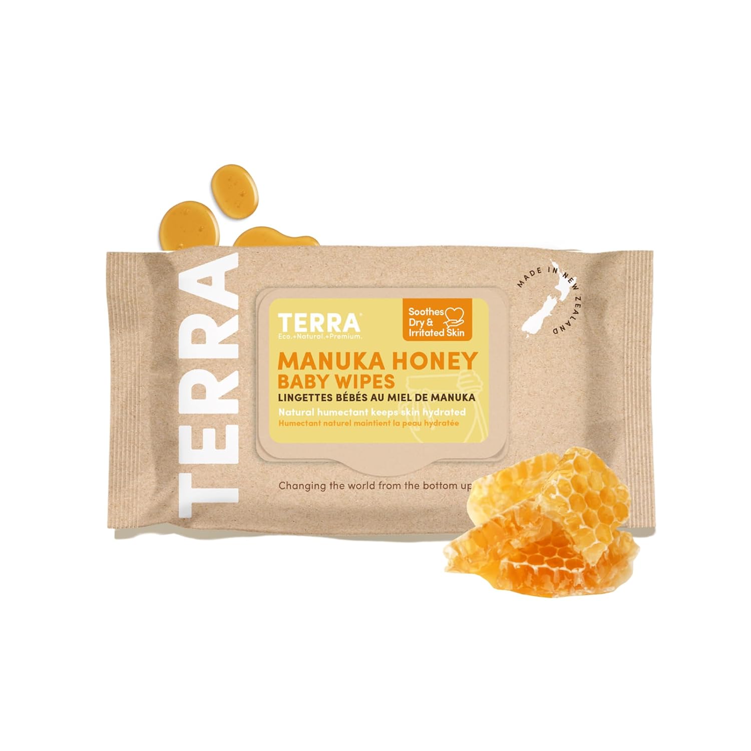 Terra Bamboo Baby Wipes: Manuka Honey, 99.5% Pure New Zealand Water, 100% Biodegradable Bamboo Fiber, 0% Plastic, Unscented Baby Wipes for Sensitive Skin, 1 Pack of 70 Wipes
