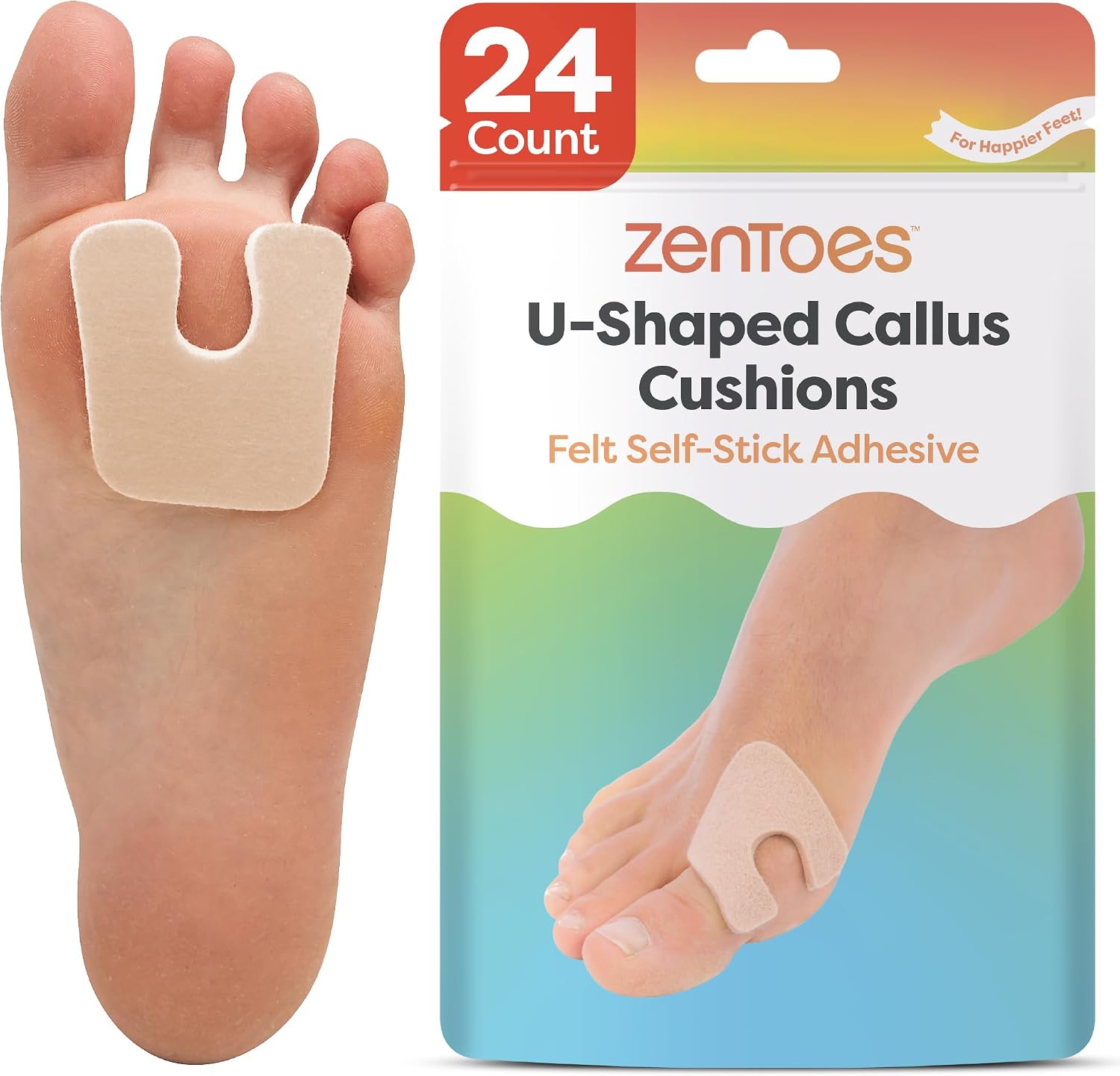 ZenToes U-Shaped Felt Callus Pads, Self-Stick Cushions, 24 Count