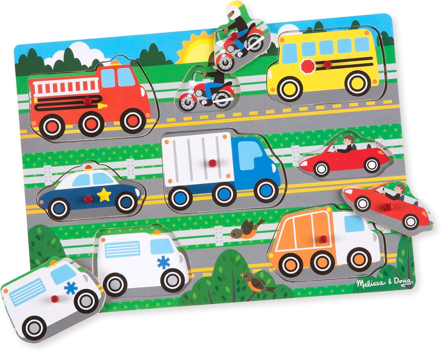 Melissa & Doug Wooden Vehicle Peg Puzzle – Interactive Learning Toy for Toddlers, Educational Gift for Kids Age 2 Plus