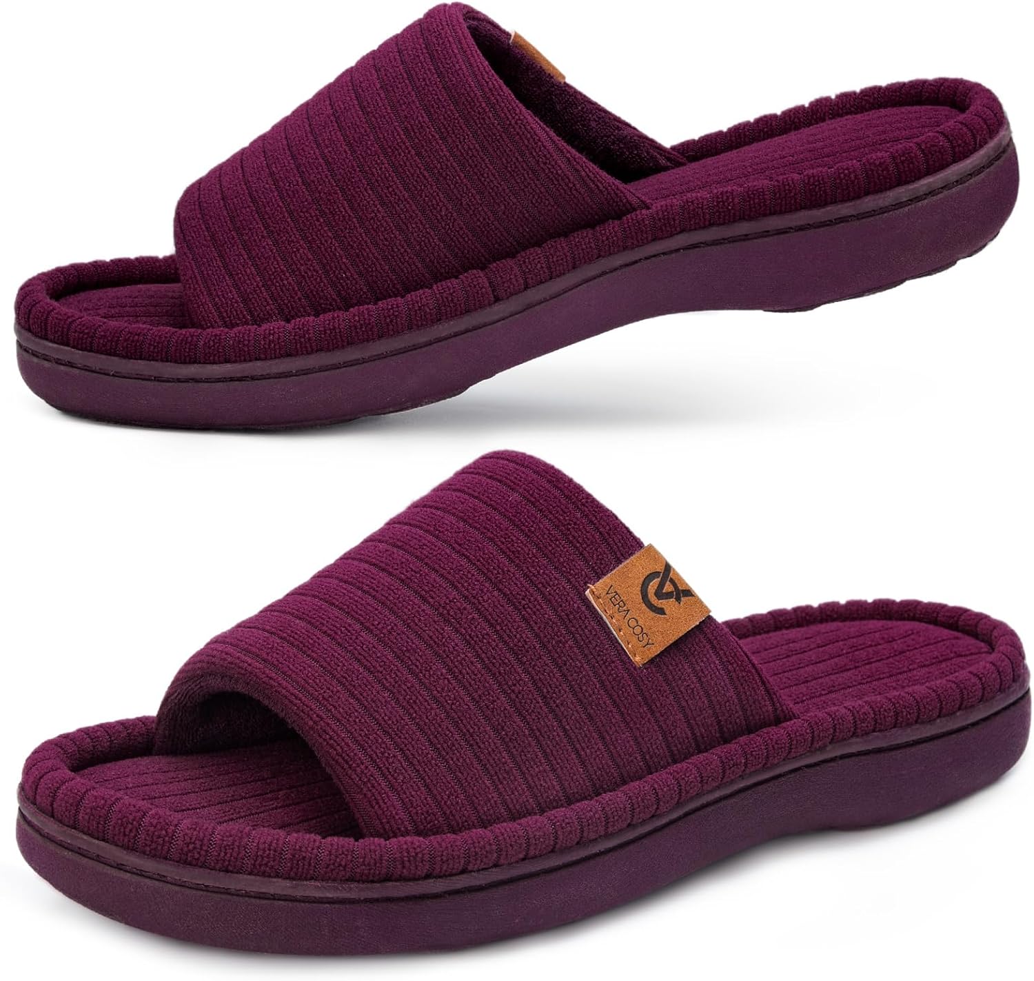 VeraCosy Women's Open Toe Slippers Terry Cloth Memory Foam Indoor House Shoes