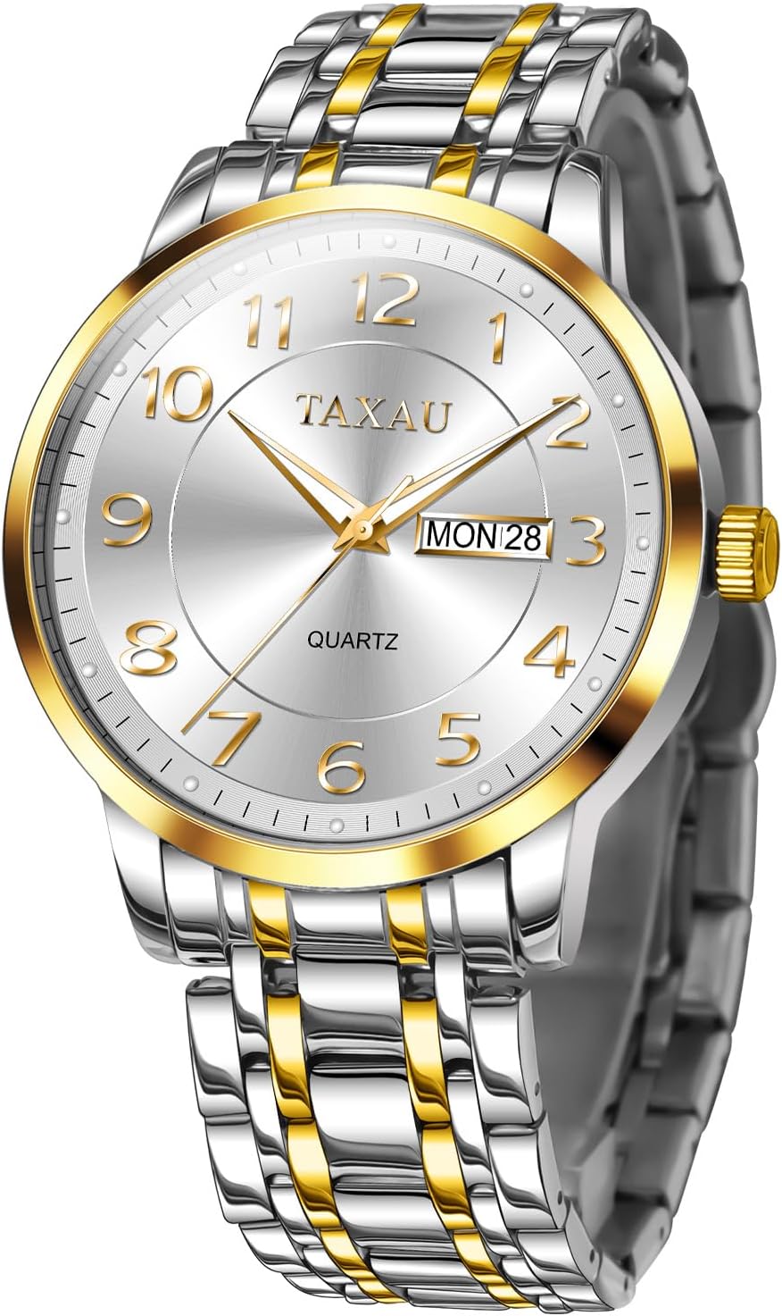 Stainless Steel Mens Watches with Day Date Quartz Analog Large Face Classic Watch Arabic Numerals Dress Luminous Rlojes para Hombres
