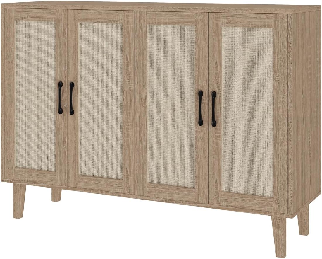 Panana Buffet Storage Cabinet with Rattan Decorating Living Room Wood Kitchen Sideboard Accent Cabinet (123(W) x 38(D) x 88(H) cm, Natural Wood)