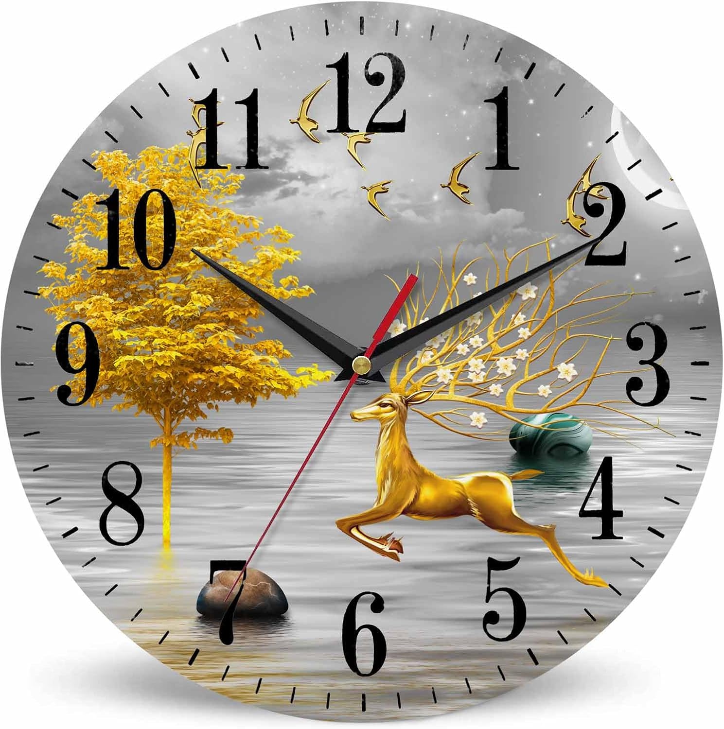 Mxocom Beauty Deer Wall Clock Flying Birds Deer and Maple 10 Inch Silent Non Ticking Battery Operated Clock Vintage Round Clock for Living Room Bedroom Bathroom Office Decor