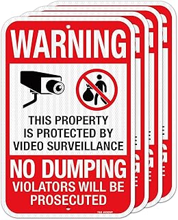 T&R (4 pack) Large No Dumping Signs, Property Protected By Video Surveillance Sign, 18" x 12" Engineer Grade Reflective Sheeting, Rust Free Aluminum, Weather Resistant, Waterproof, Fade Resistant, 2 Pre-drilled Holes
