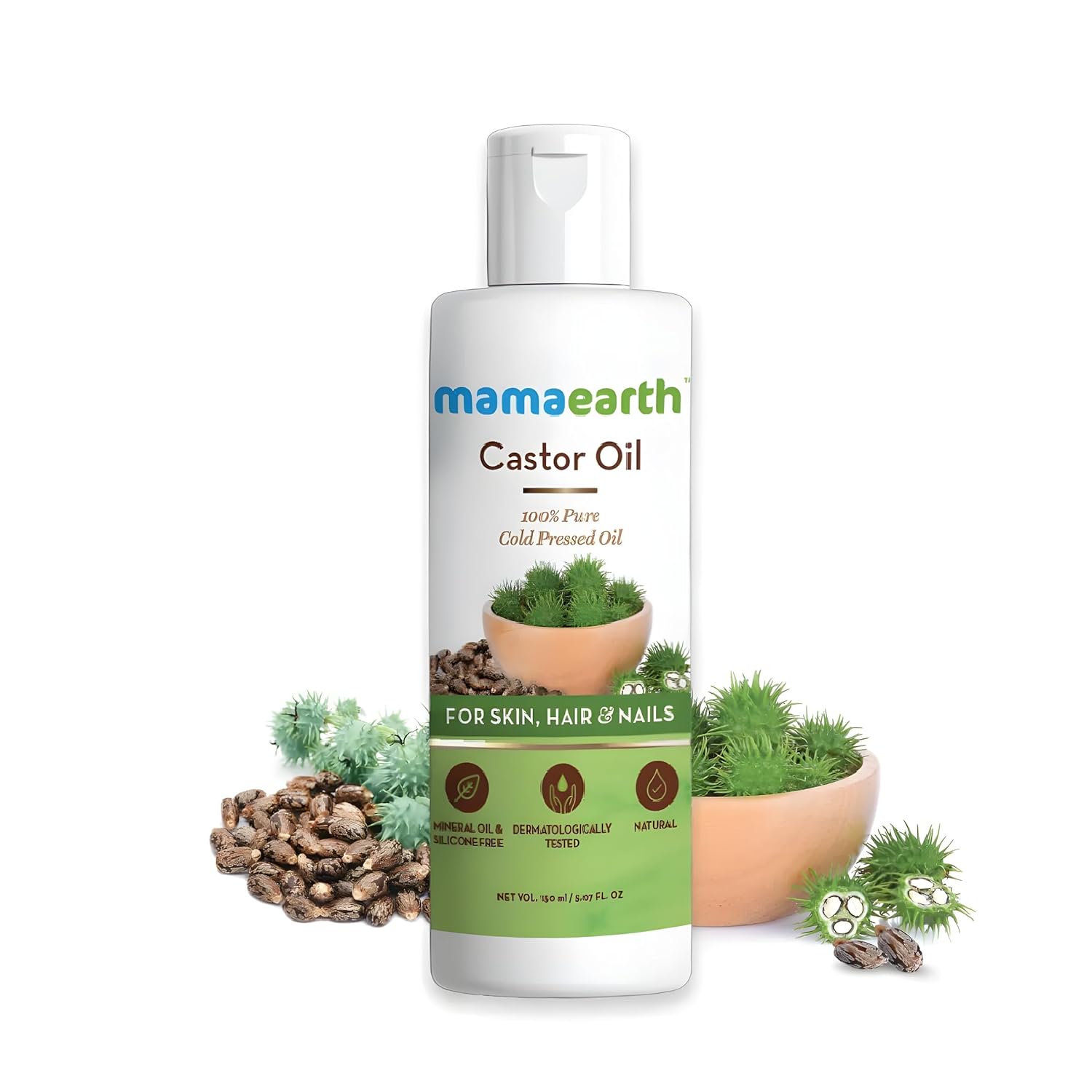 Mamaearth Castor Oil | Cold Pressed Oil for Eyebrow & Eyelash Growth | Organic & Natural Oil for Hair Growth, Radiant Skin & Strong Nails | 5.07 Fl Oz (150ml)
