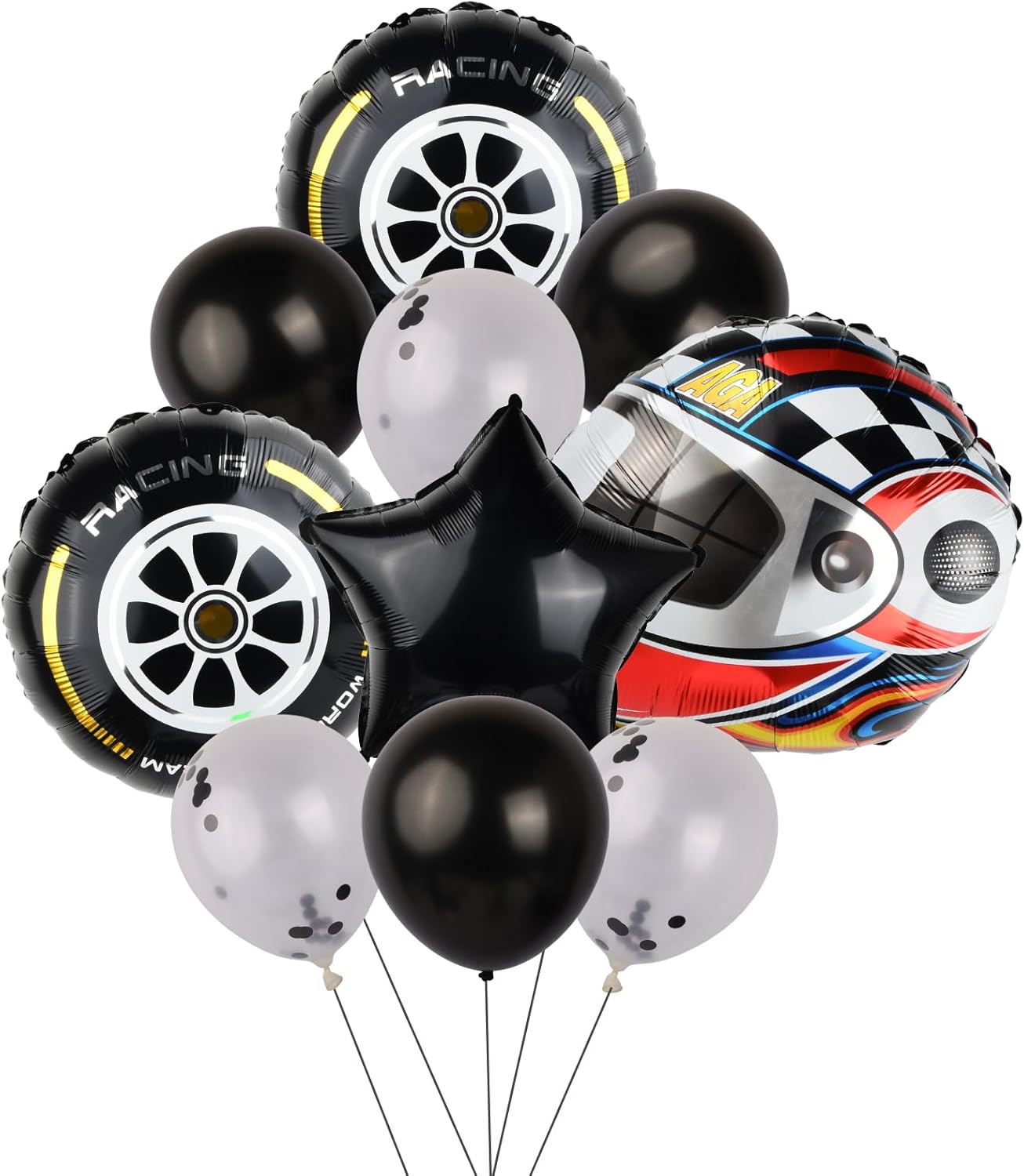 Dewocke Race Car Birthday Decorations, 10 Piece Set Car Party Foil Balloons, Includes Foil Balloons in Car, Tire and Star Shapes, Plus 6 Round Latex Balloons, Perfect for Kids Birthday Party Supplies