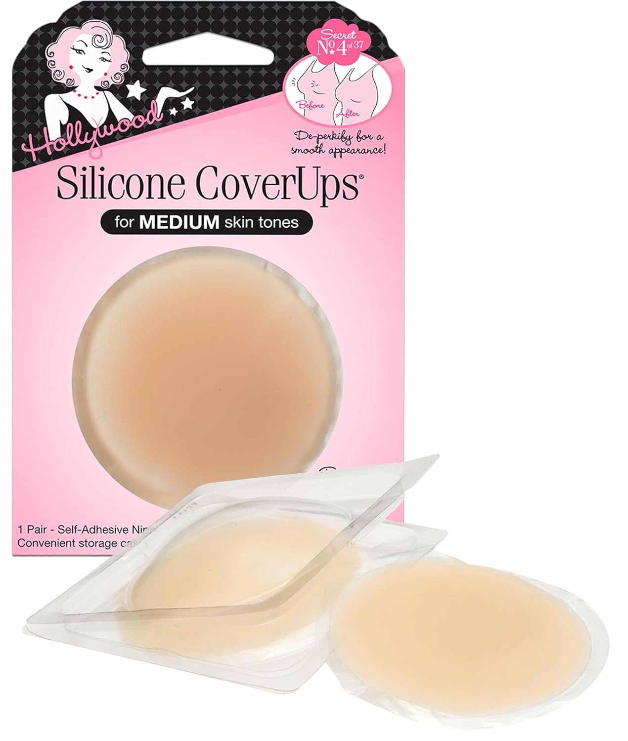 Hollywood Fashion Secrets Silicone Nipple Coverups, Hypoallergenic, Reusable, Washable, Gentle on Skin, Ultra Thin, Self Adhesive, Medium Shade, 2 Packs