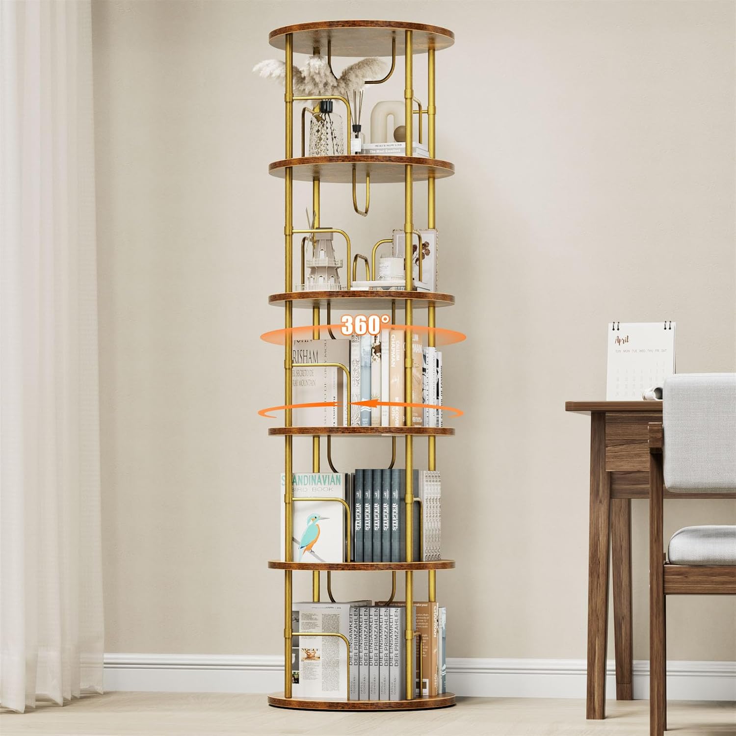 5 Tier Rotating Bookshelf, 360 ° Display Stackable Spinning Bookshelf Tower, Narrow Space Saving Tall Floor Standing Swivel Bookcase Corner Storage Organizer for Bedroom, Living Room, Gold