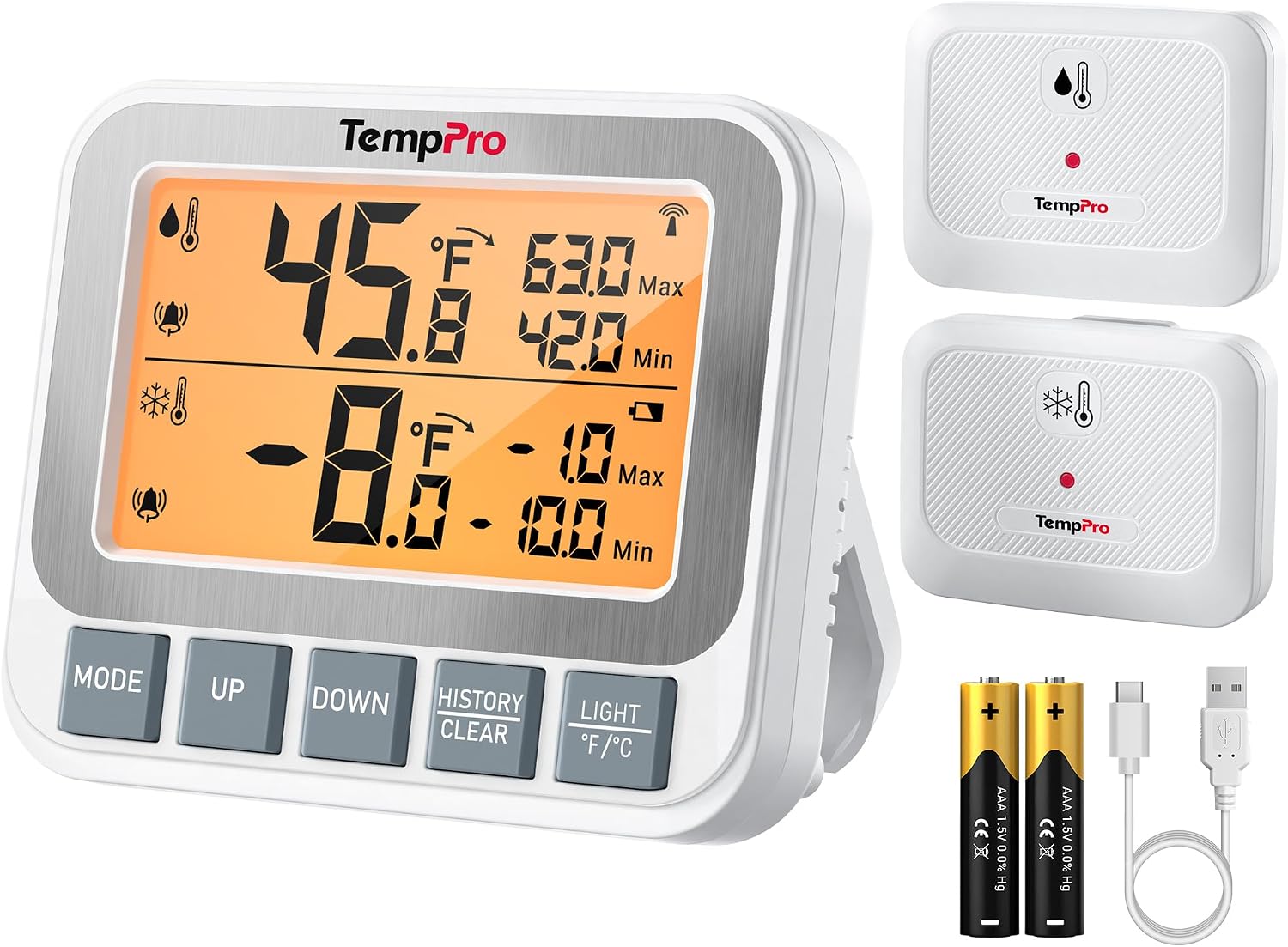 TempPro Wireless Freezer Fridge Thermometer with Alarm, High Accuracy, Rechargeable Refrigerator Thermometer with Backlit LCD Display, Battery Included (Previously ThermoPro)