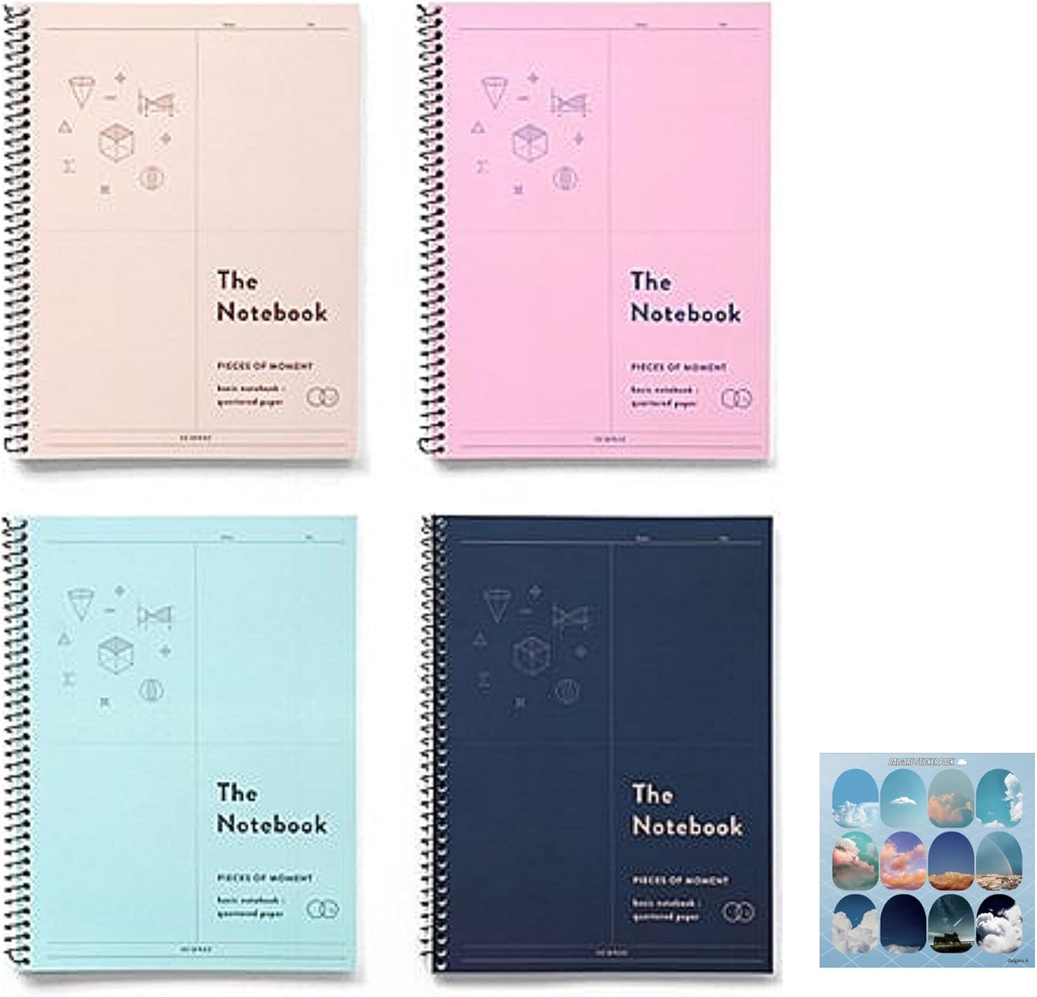 Simple Aesthetic Cute Korean Soft Spiral Square Grid Graph Notebook for Math Studying, School 4 Pack Set + 1 dalgaru Sticker Sheet, Mint, Navy, Pink, Beige