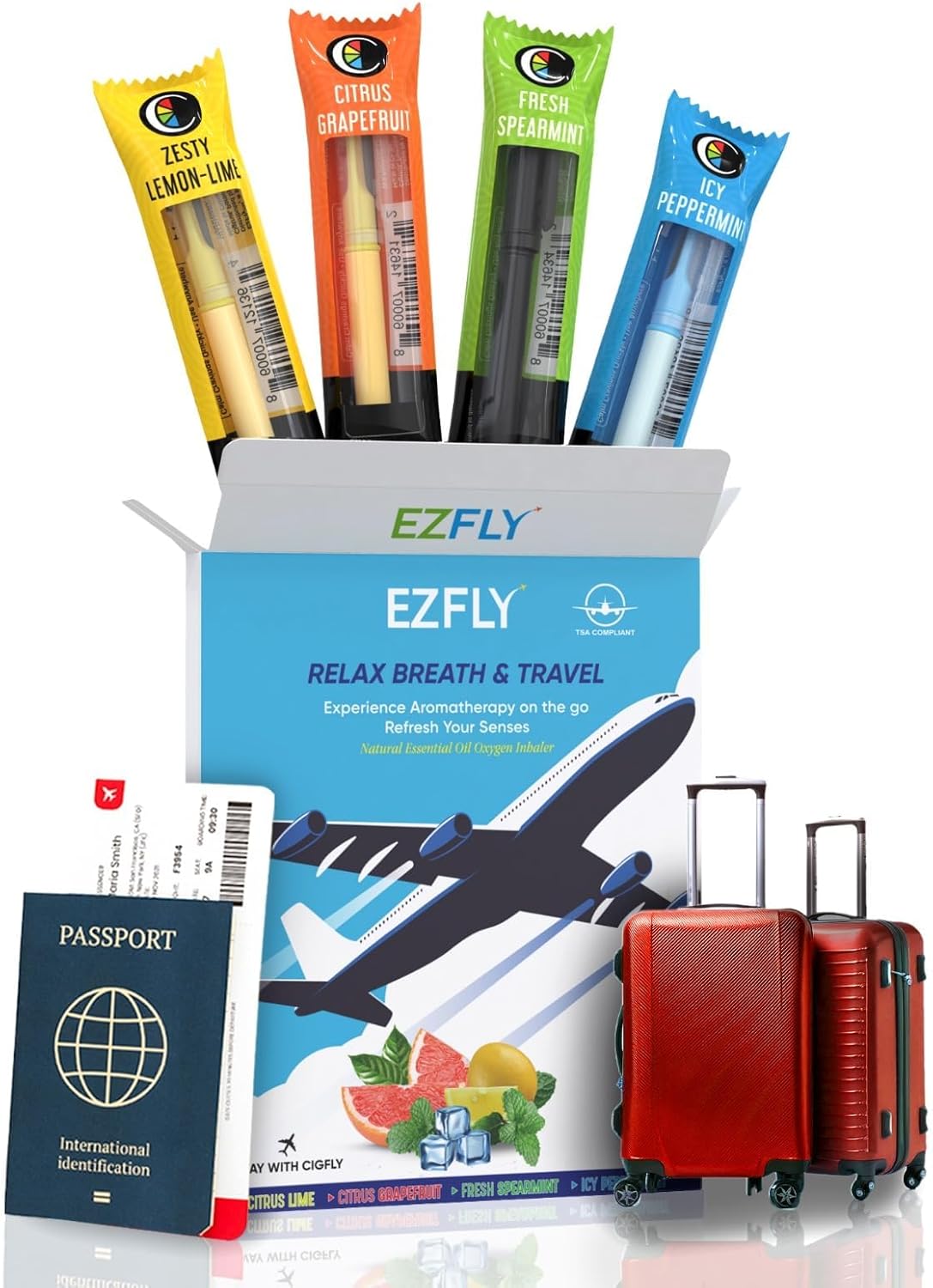 Travel Relaxation Inhaler - EZFly Natrual Essential Oils - Portable Stress Relief for Flights, TSA-Compliant, Lightweight & Long Lasting (4 Assorted Flavors)