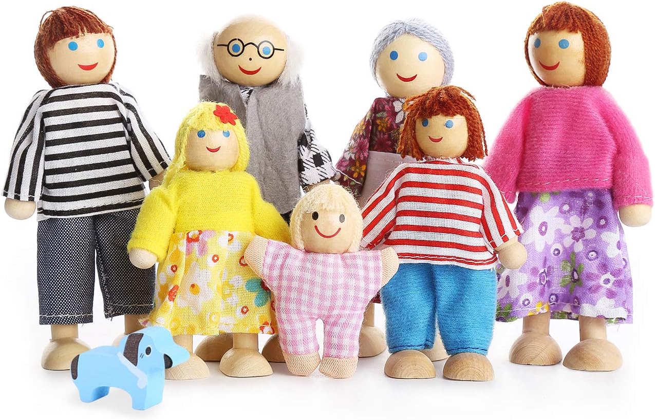 Kids Girls Lovely Happy Family Dolls Playset Wooden Figures Set of 7 People for Children Doll house Pretend Gift