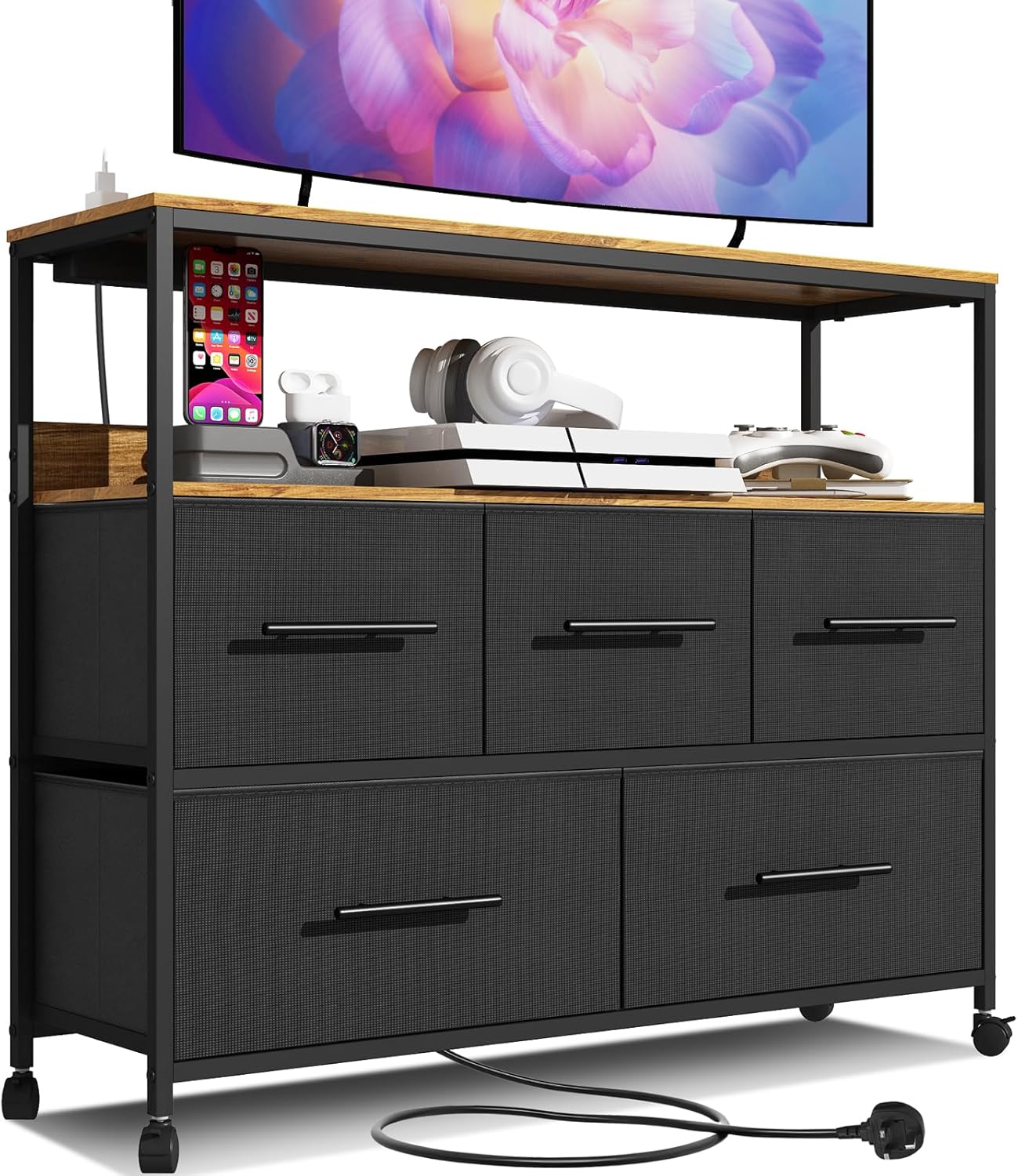 MIKIICOCO Chest of Drawers with Charging Station, Bedroom Dresser with 5 Fabric Drawers, TV Stand with Storage Shelf, 4 Castors and Metal Frame (Black)