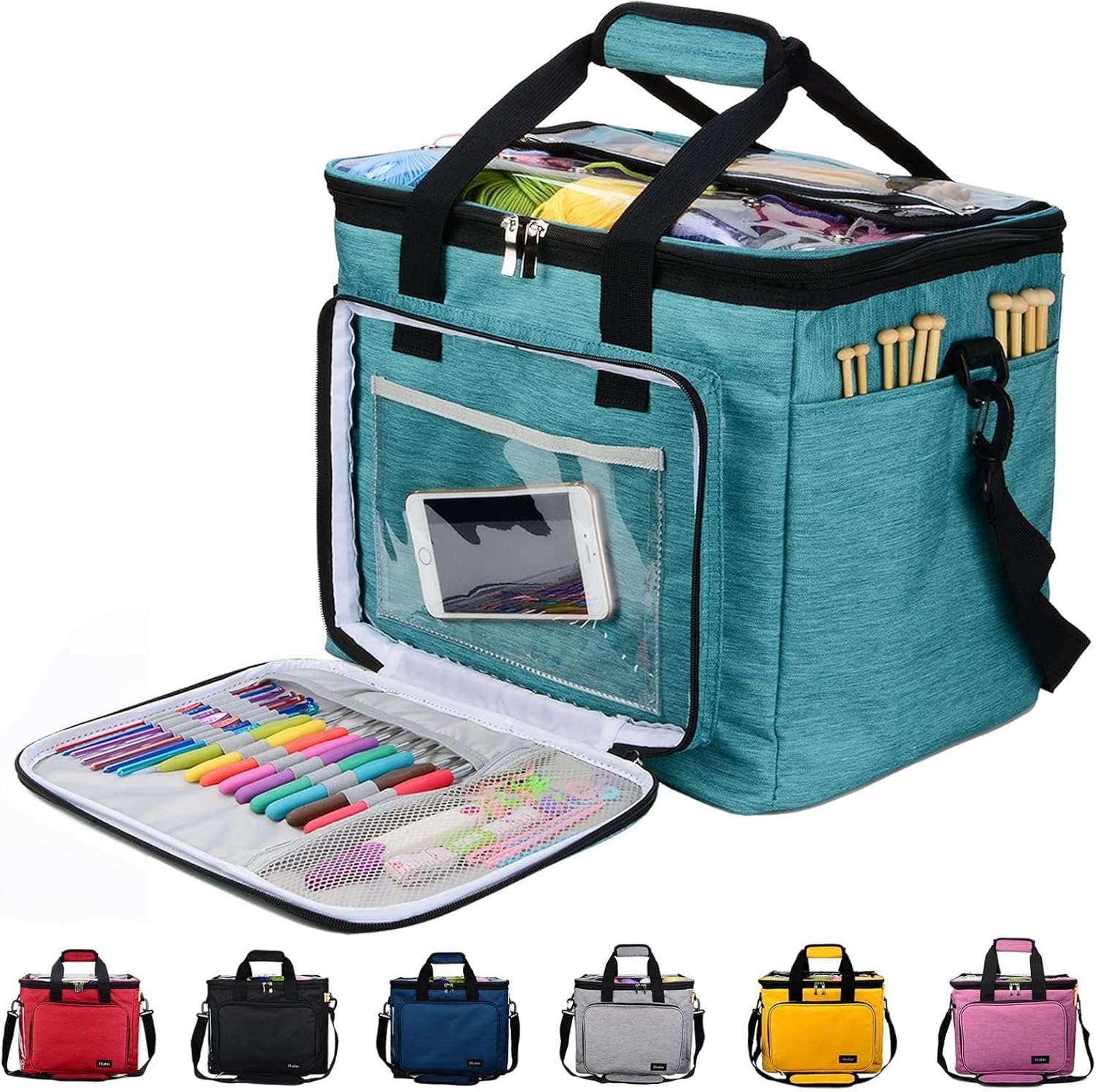 Hoshin Knitting Bag for Yarn Storage, Portable Crochet Tote Bag Yarn Organizer for Crochet Patterns and Hooks, Needles, Skeins of Yarn-Enjoy Knitting/Crocheting Anywhere(Green)