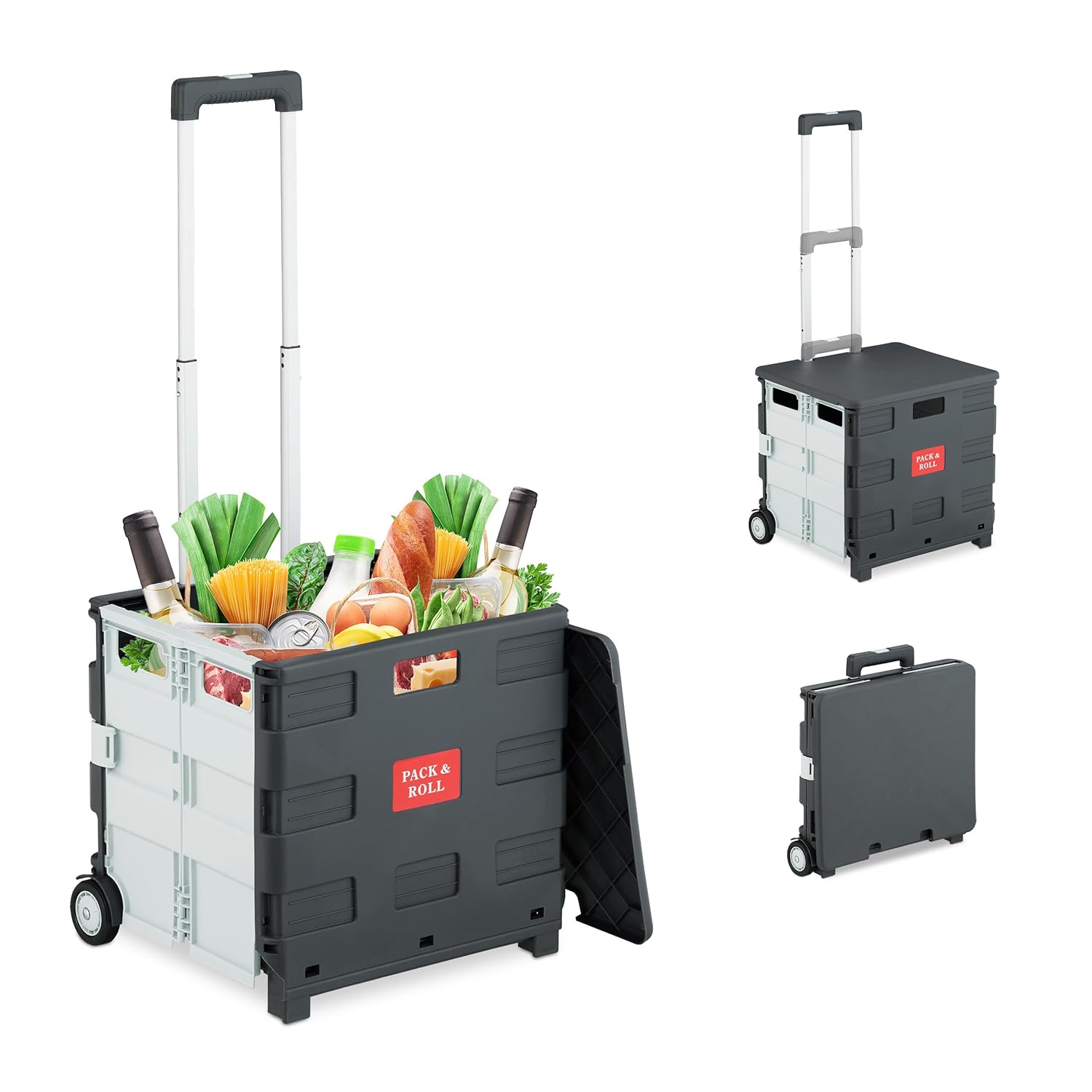 Relaxdays Shopping Trolley, Foldable, Wheels, Lid & Telescopic Handle, up to 35kg, Cart, Basket, White, 98 x 45 x 39 cm