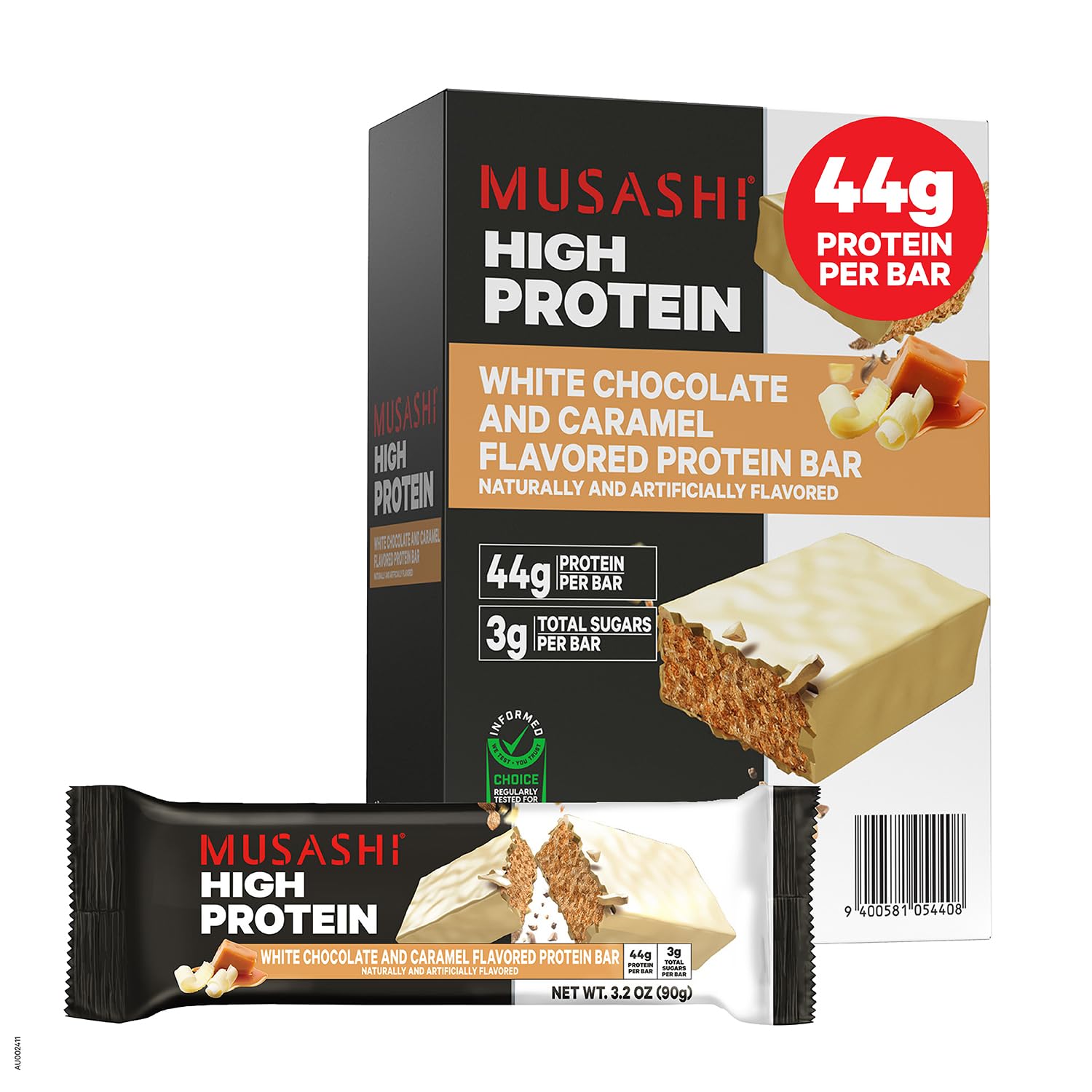 MUSASHI High Protein Bar, 44g Protein, White Chocolate & Caramel