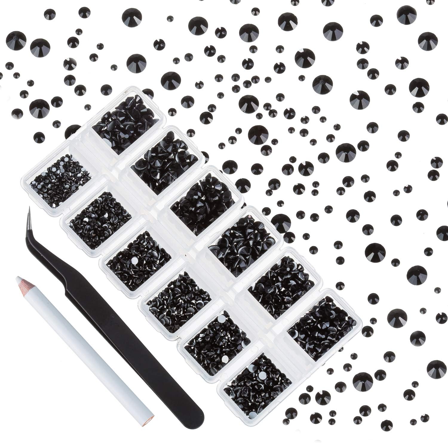 4200 Pieces Flat Back Rhinestones for Craft, Round Crystal Gems Stickers for Clothes, 1.5 mm - 4.8 mm, 6 Sizes (Black)