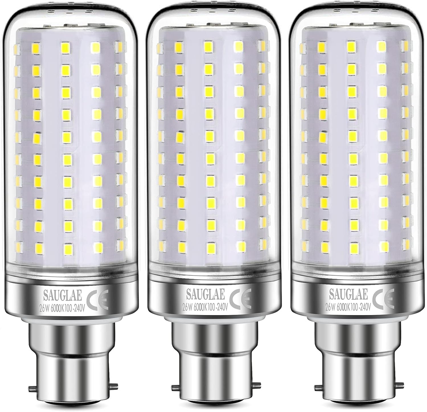 26W LED Light Bulbs, 200W Incandescent Bulbs Equivalent, B22d Bayonet Cap, 3000Lm, 6000K Daylight White, Pack of 3
