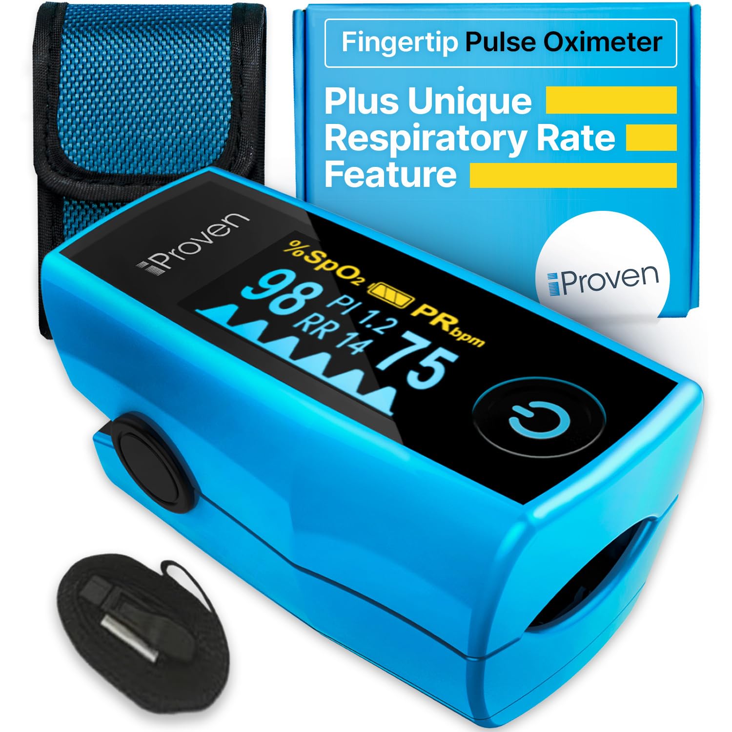 iProven Blood Oxygen Monitor Fingertip, Oximeter Measures Pulse Rate, Respiratory Rate, Oxygen Saturation (SpO2), and Perfusion Index, including Batteries and a Lanyard.