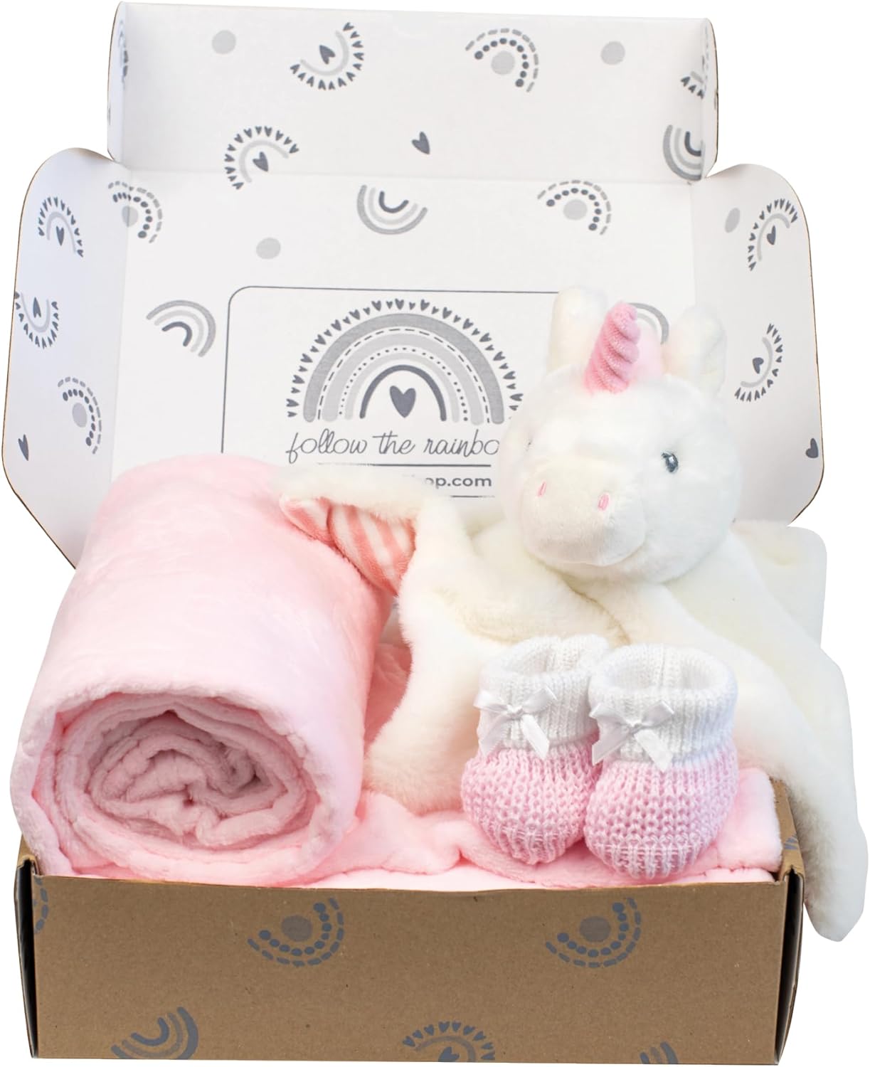 Baby Box Shop - 4 Baby Essentials for Newborn Baby Girl, Ideal as Baby Shower Gifts & Christening Gifts for Girls, Includes a Unicorn Baby Comforter, Pink Fleece Baby Blanket and Pink Cotton Booties