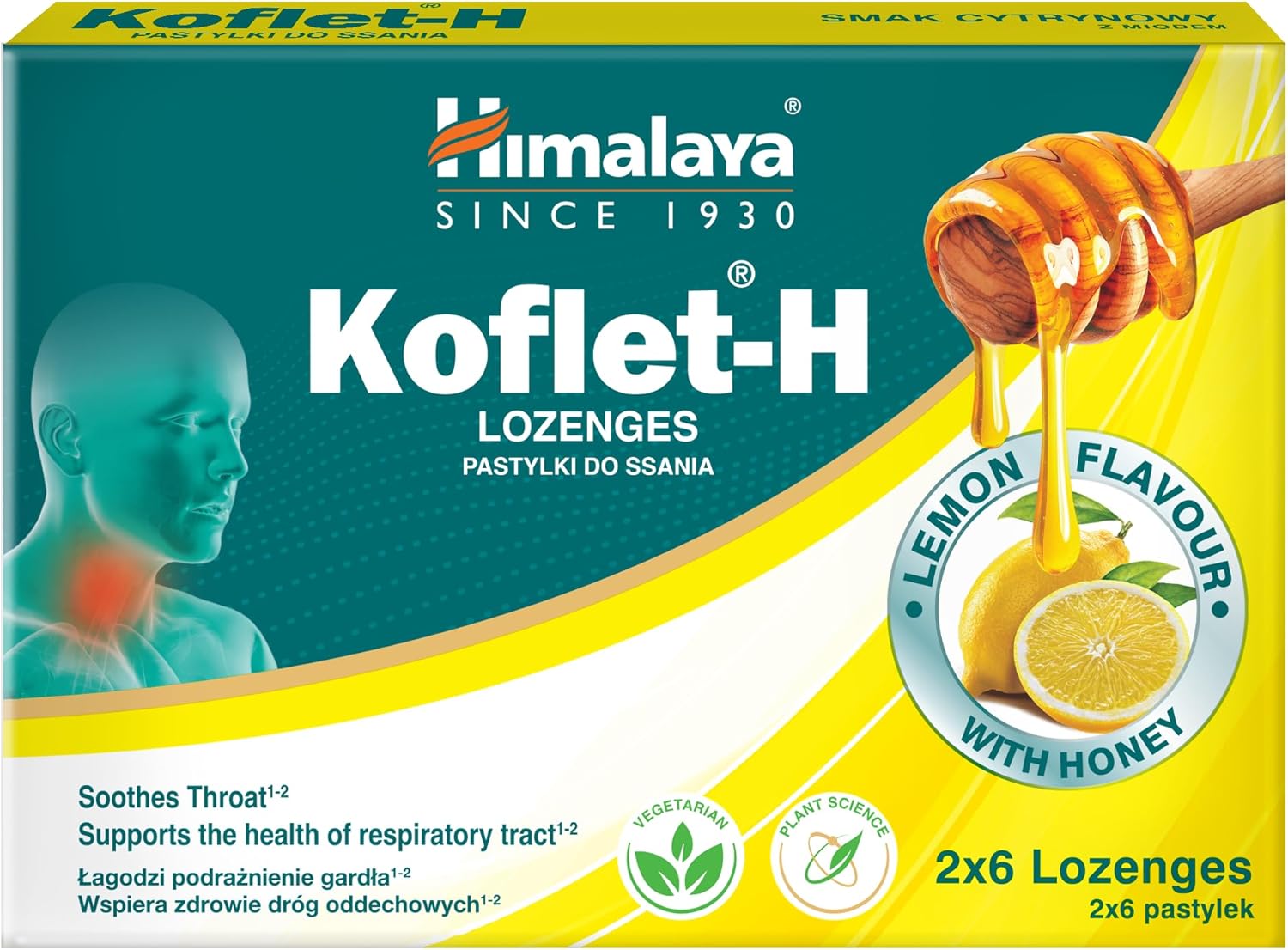 Himalaya Herbals Koflet-H Lozenges Lemon Flavor Fortified with Honey, Ginger and Essential Oils, Cough Drop for Warming Relief and Soothing Throat Comfort, Herbal Active Formula - 12 Lozenges