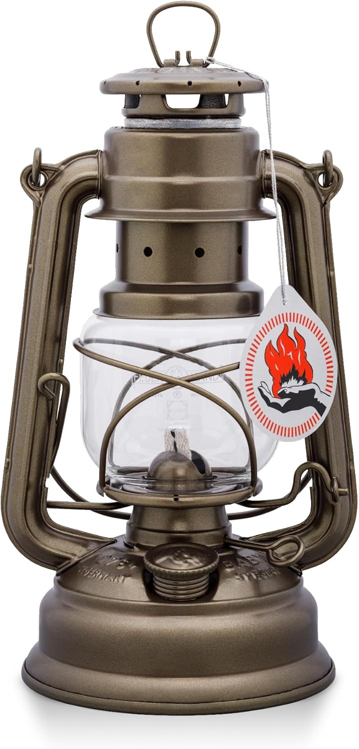 Feuerhand 276 Outdoor Hurricane Oil Lantern - German-Made Since 1893, Paraffin Lamp with Galvanized Steel, 300ml Tank, 20 Hour Burn Time, Safe for Hanging or Table Use, Kerosene Camping Light, Bronze