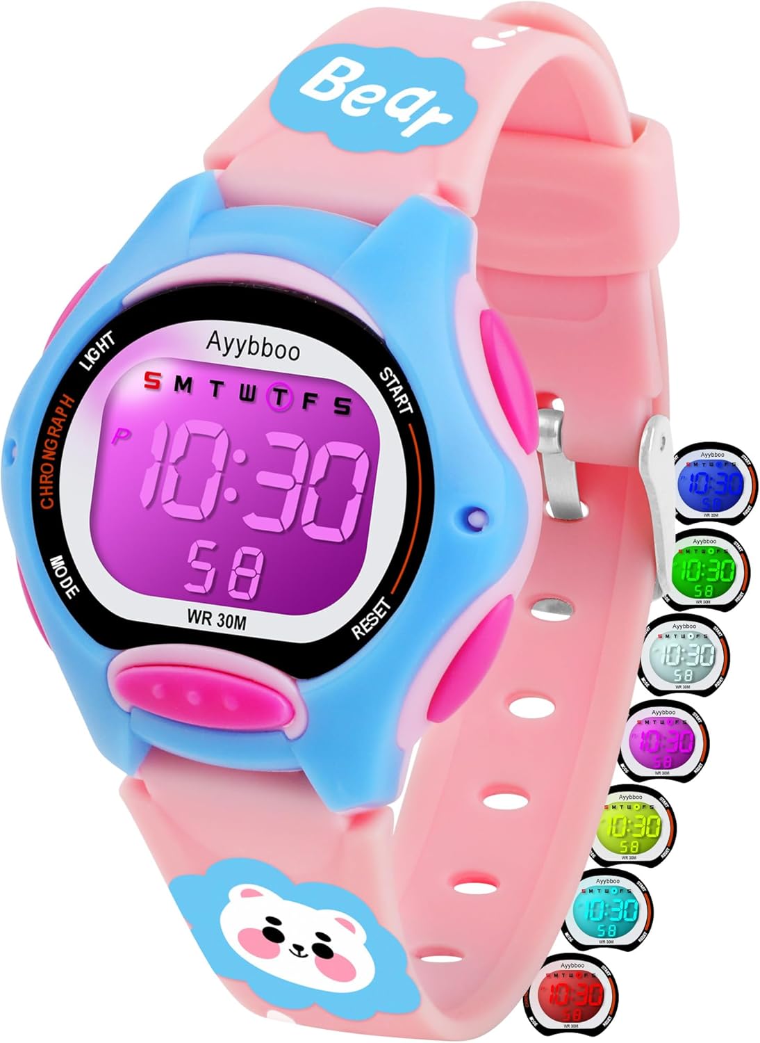 Kids Watch Digital with Cartoon Rubber Band, Colorful LED Lights Waterproof Watch with Alarm Clock, Sport Watch with Stopwatch, Cute Kids Gifts for Girls Boys Ages 5-12 (Pink), 8207LK