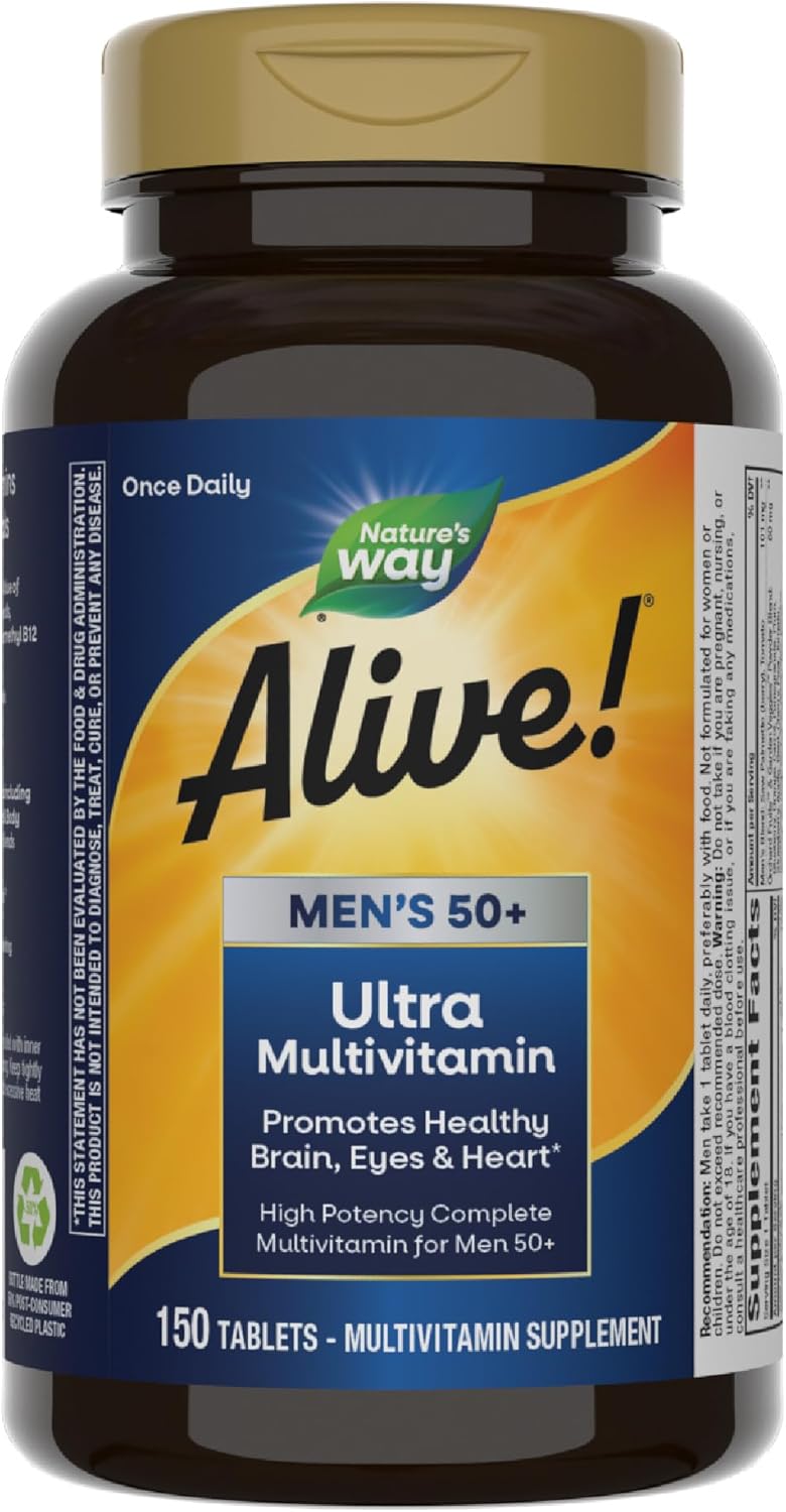 Nature's Way Alive! Men’s 50+ Daily Ultra Multivitamin, High Potency Formula, Supports Healthy Brain, Eyes & Heart*, with Methlyated B12, Gluten-Free, 150 Tablets (Packaging May Vary)