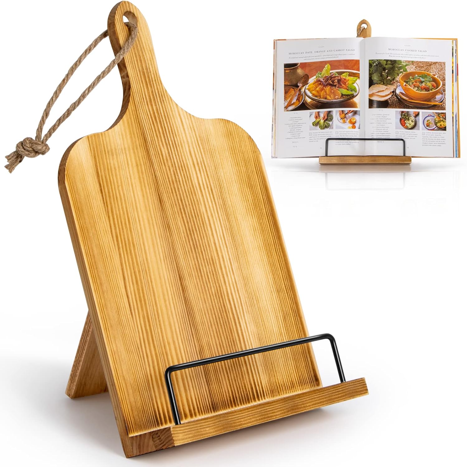 PUERSI Recipe Book Stand, Wooden Cookbook Stands for Kitchen, Adjustable Cook Book Display Holder - Brown