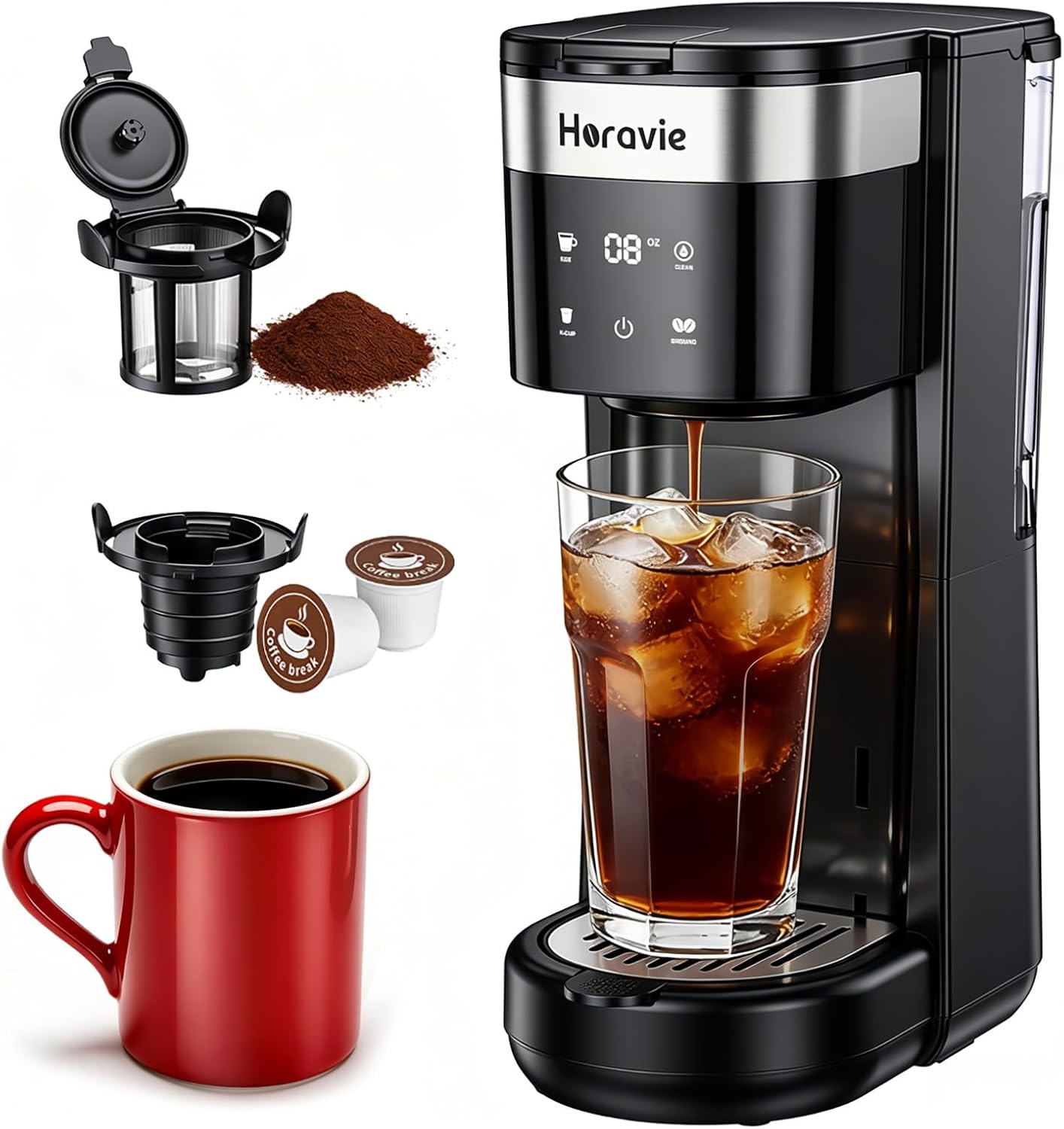 Horavie Compact Single Serve Coffee Maker for K Cup Pod & Ground, Fast Brew