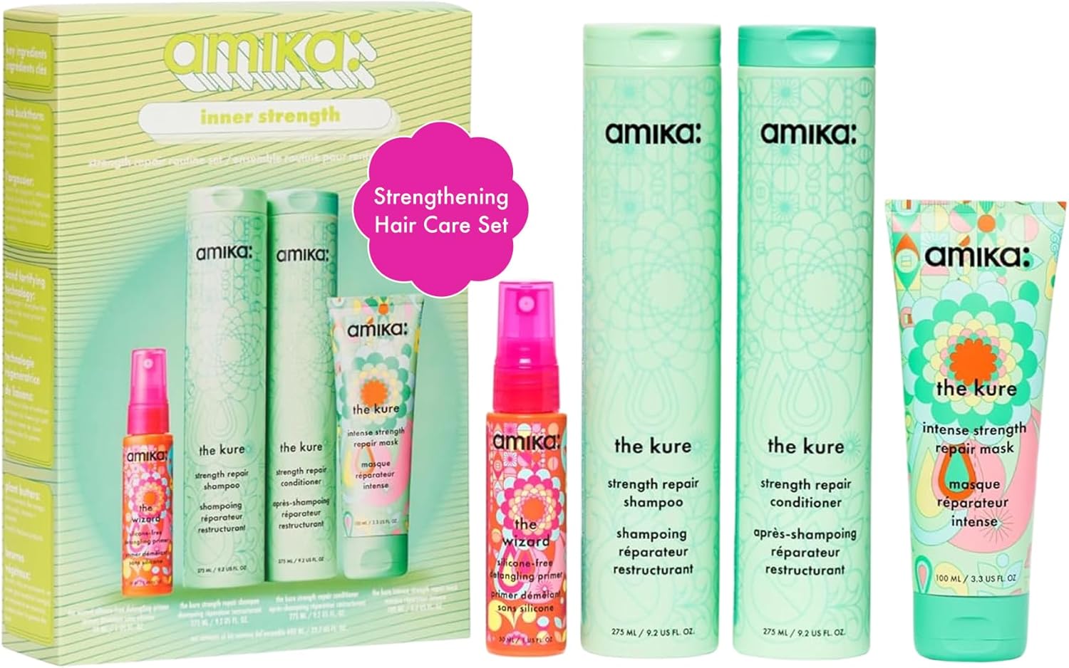 amika inner strength routine set - includes the kure strength repair sulfate free shampoo + hair conditioner + travel size hair mask + the wizard silicone-free detangling primer (4 pieces)