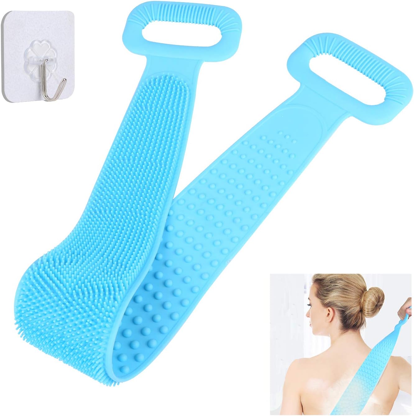Silicone Back Scrubber for Shower, Silicone Bath Body Brush for Men Women, Silicone Towel with Exfoliating Long Double Side Bath Strap, Easy to Clean, Back Massage, Lathers Well, Long Lasting