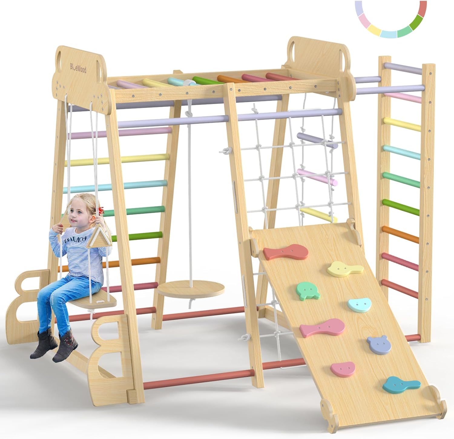 BlueWood Upgraded Indoor Jungle Gym 9-in-1 Playground Kids Climbing Toys, Waldorf Style Wooden Climber Playset with Slide, Swing, Monkey Bars, Upright/Rope Ladder, Climb Net, Rainbow