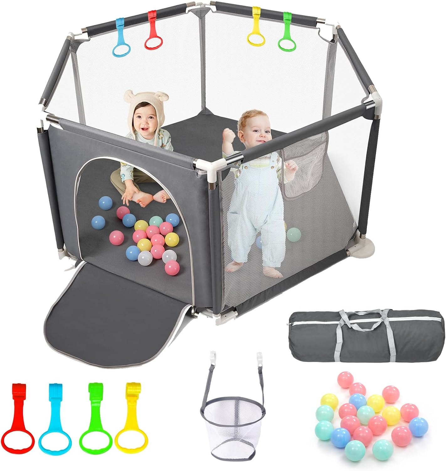 CHOLY Baby Playpen for Baby and Toddlers, Sturdy Six Sides Play Pen with Breathable Mesh, Kids Activity Play Fence for Indoor Outdoor with Travel Bag(Dark Grey)