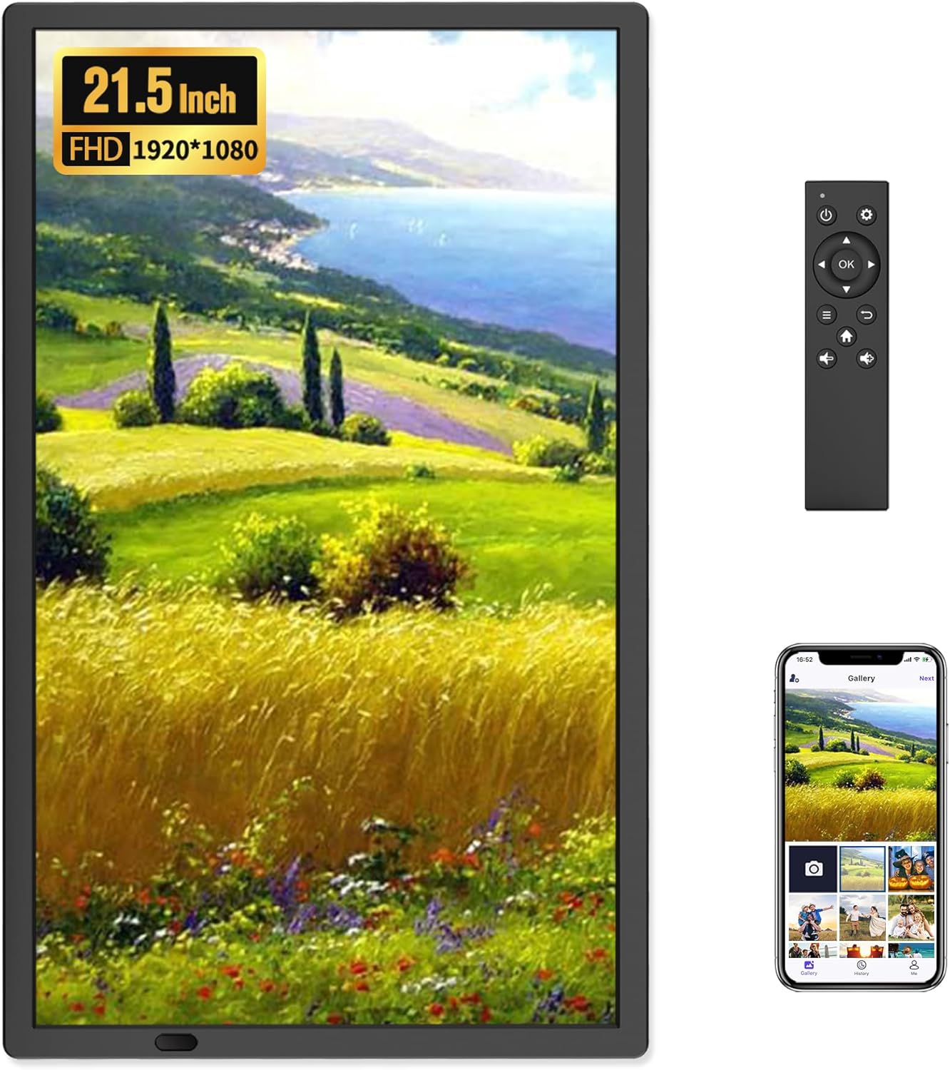 FANGOR 21.5" Large Digital Picture Frame, WiFi Digital Photo Frame 1920 * 1080 FHD IPS Display with Remote Control, 32GB Auto-Rotate Smart Frame Wall Mounted, Share Photos/Videos Via Uhale App/USB/SD