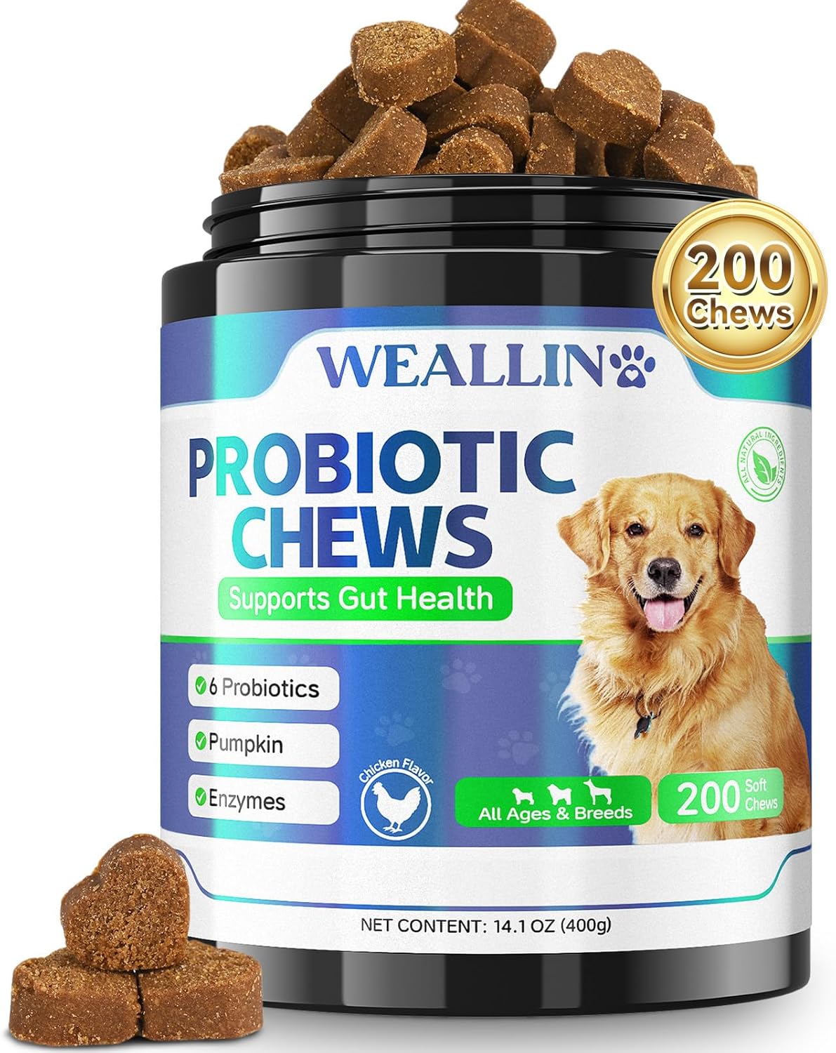 Probiotics for Dogs, Prebiotics for Gut Health, Supports Digestive Health and Nutrient Absorption – 200 Soft Chews for Supports Skin Health & Supports Overall Health – Suitable for All Breeds and Ages