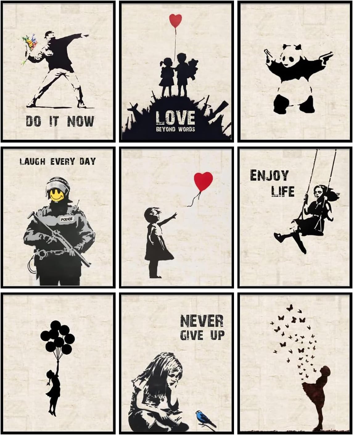 INFUNLY 9 Set Banksy Canvas Wall Art 8x10inch Banksy Wall Art Prints Unframed Panda Prints Banksy Posters Pictures Graffiti Street Wall Art Inspirational Quotes Art Wall Poster for Bedroom Living Room