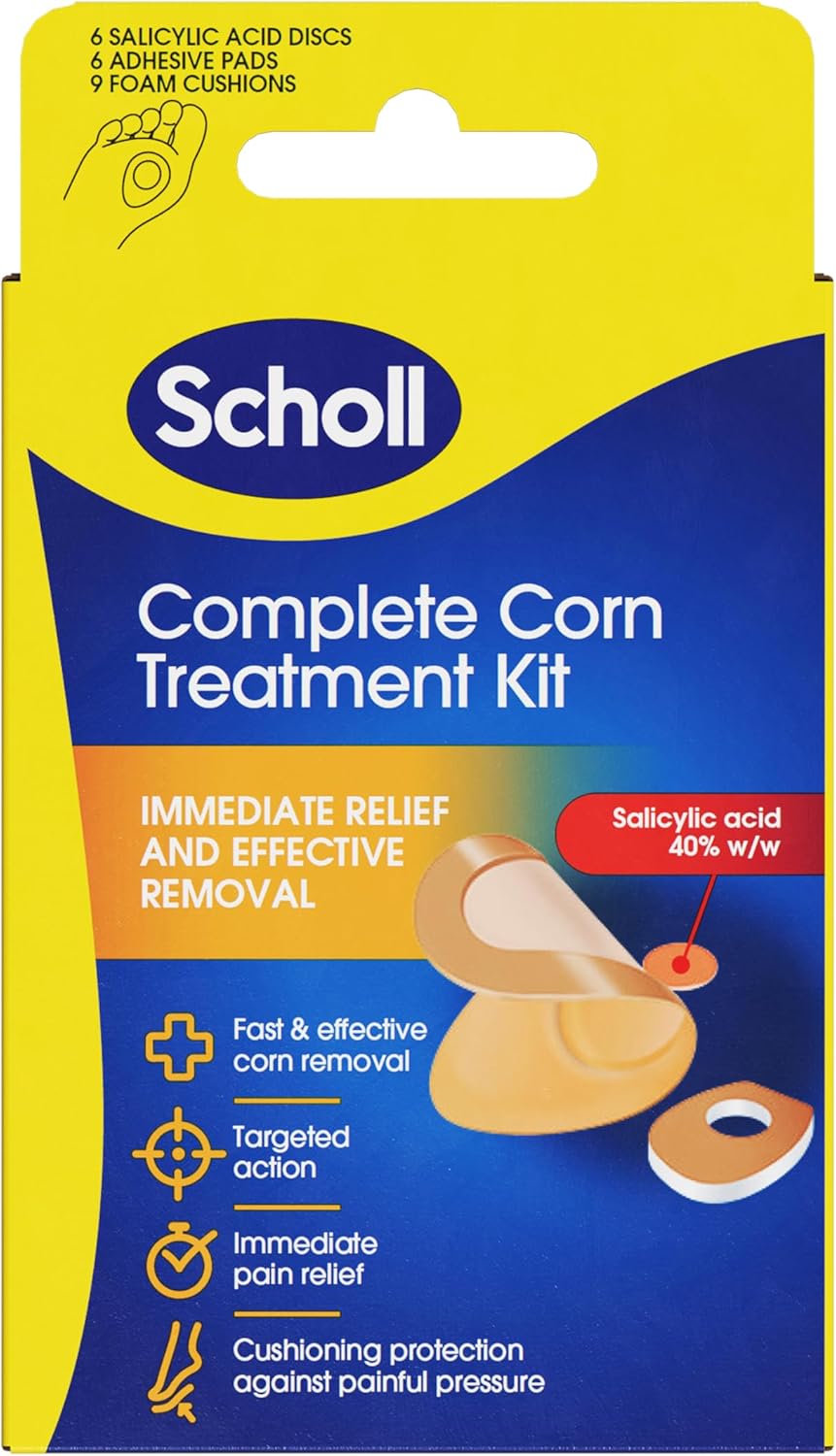 Scholl Complete Corn Removal Treatment Kit, 1 Pack - Medicated Action with Salicylic Acid, Includes 6 Pads, 6 Medicated Discs, and 9 Cushions for Effective Corn Removal