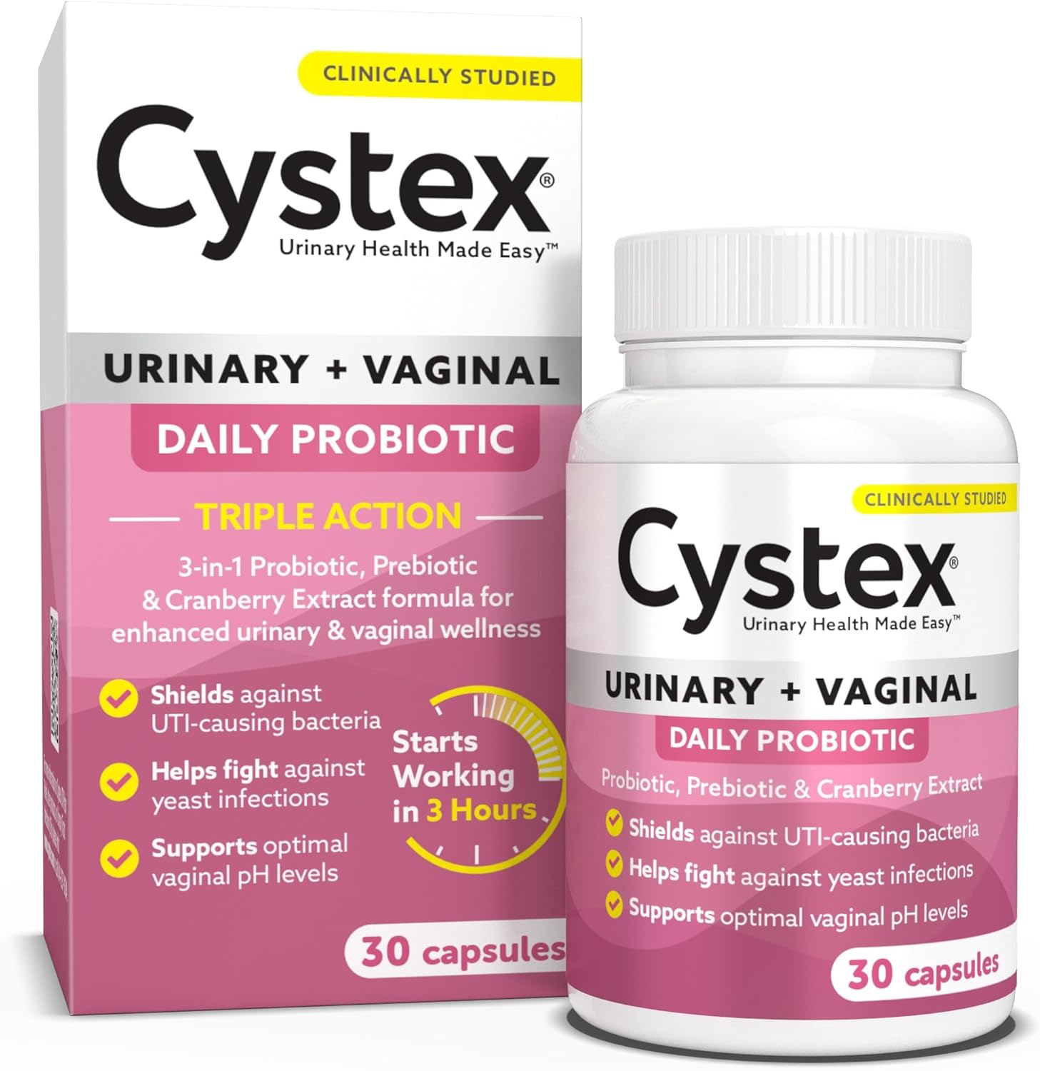 Cystex 3-in-1 Urinary Tract Probiotic for Women – Fast-Acting UTI & Yeast Infection Support with Prebiotics, Probiotics & Cranberry – Supports Vaginal pH & Flora Balance, (30 Capsules)