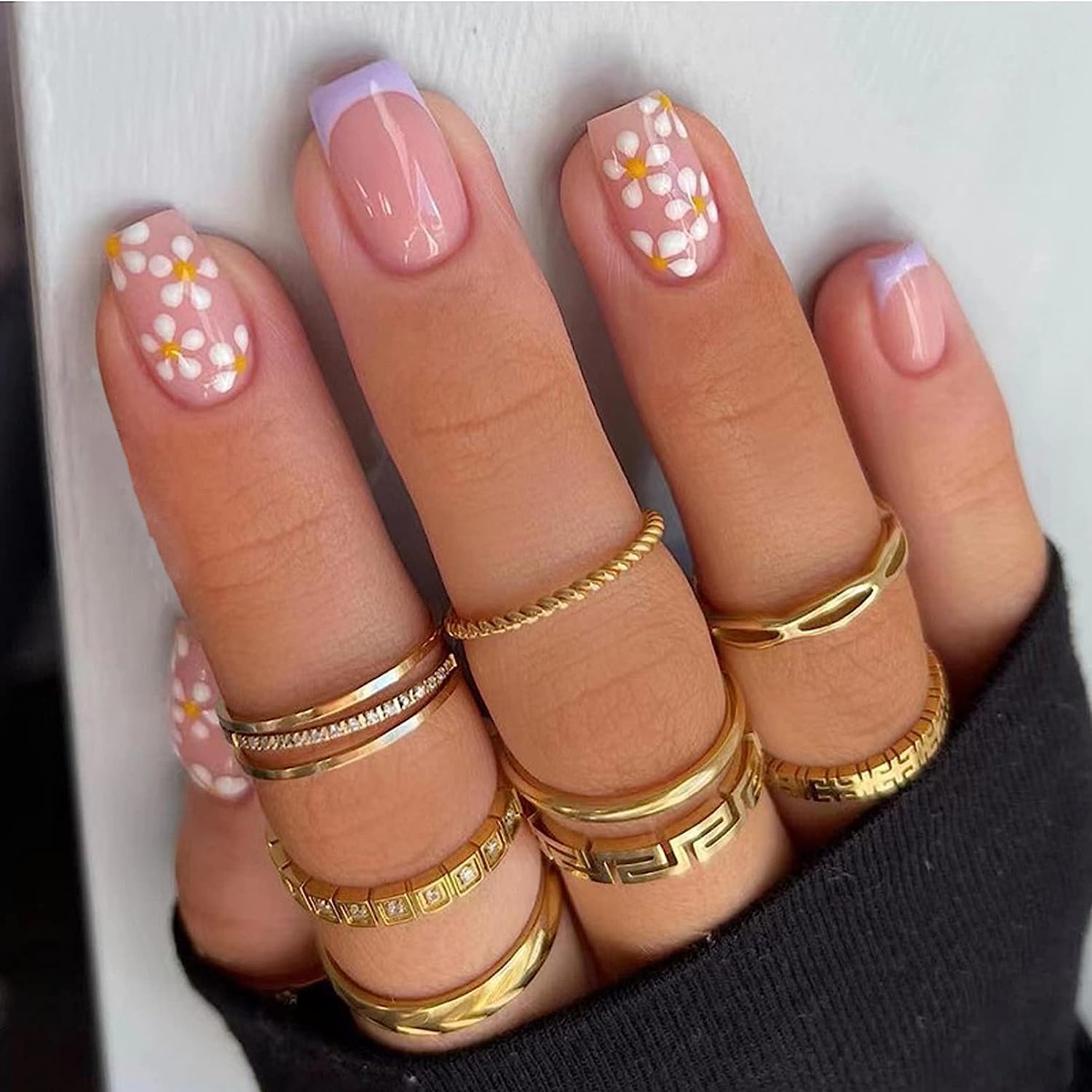 Kyzistn French False Nails Short,24 PCS Fake Nails Short French Stick on Nails with Flower Designs,Peach Short False Nails,Acrylic Full Cover Nails Tips for Women Girls Nails Art (Purple)