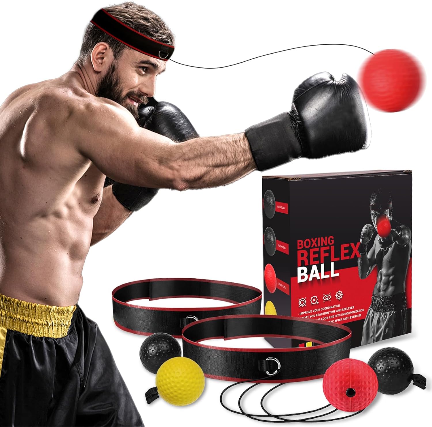 KTEBO® Boxing Reflex Ball Headband Set - Includes 4 Different Balls and 2 Adjustable Headbands for Beginner Proficiency Improvement, Great Boxing Equipment