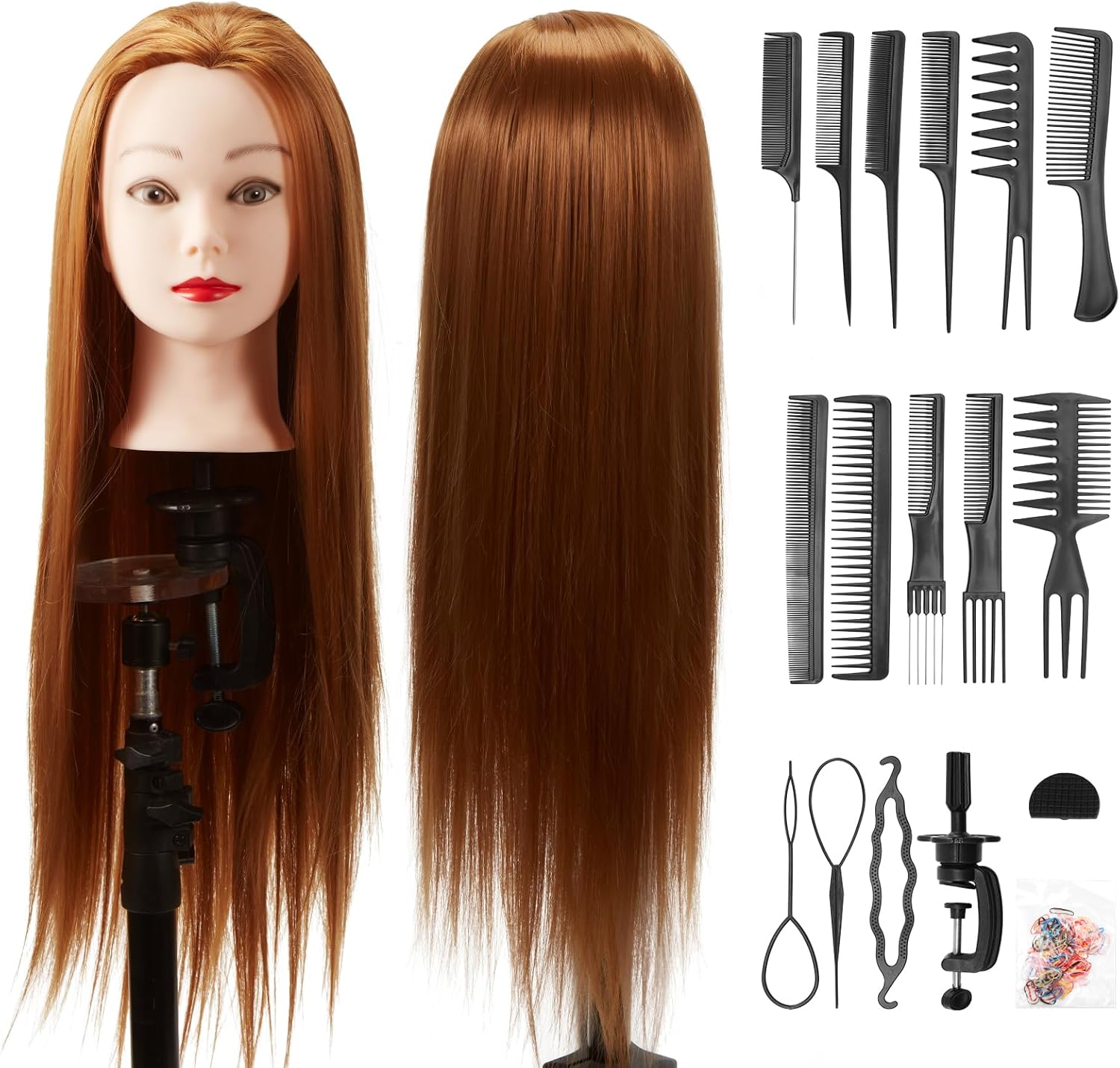 Beauty Salon Styling Doll, Real Human Hair Training Mannequin Head with Clip, 24/26 Inch Hair for Braiding, Cutting, Styling, and Hairdressing Practice (Yellow 24" + Comb Set)