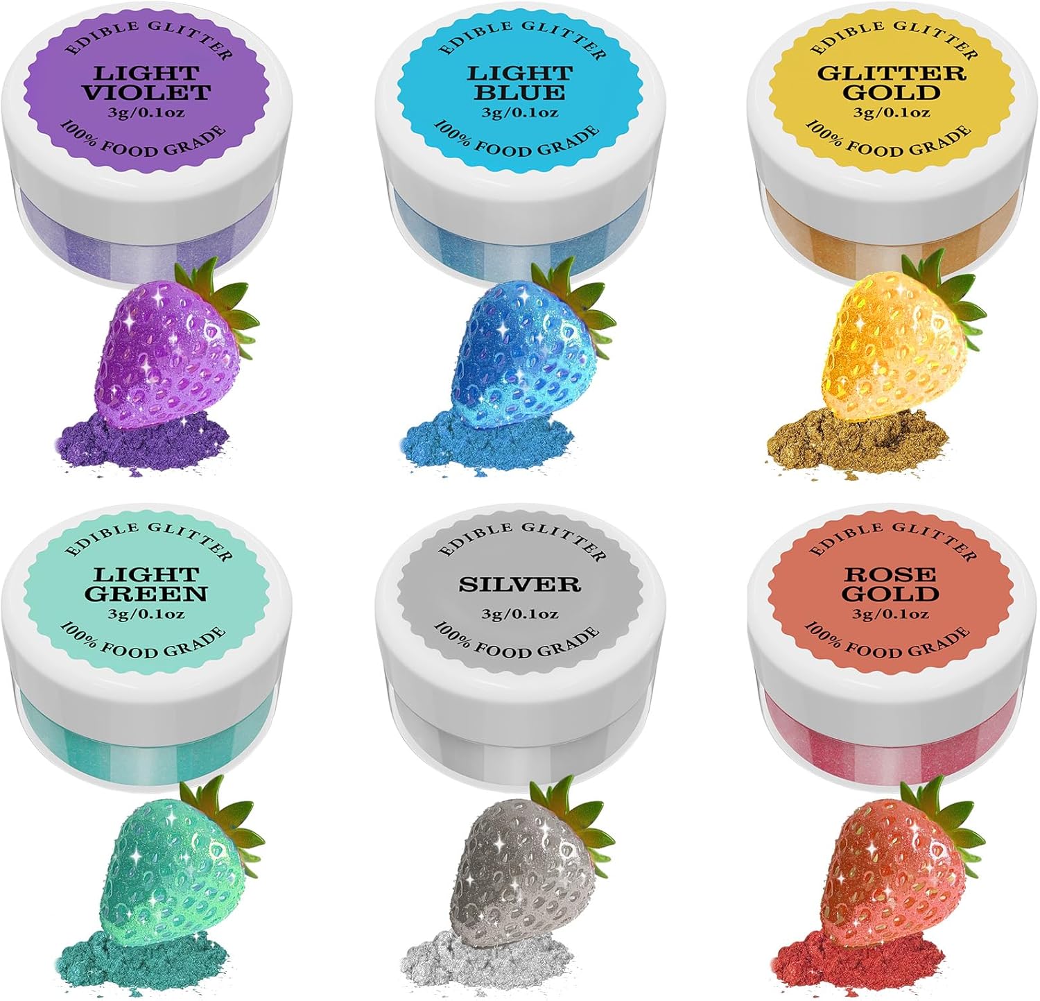 Edible Glitter - 6 Colours 100% Luster Dust Edible, Shimmer Dust Food Colouring Powder for Cake Decorations, Buttercream, Drink, Cocktails, Fondant (3g Each)