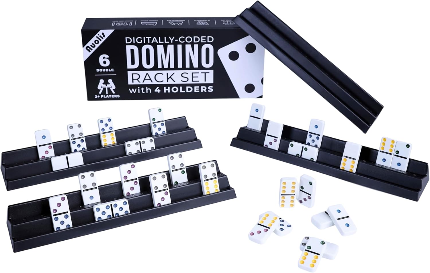 Dominoes Set for Adults & Kids with 4 Racks;Stackable Storage, 4 Digitally-Coded Holders,28 Double-6 Tiles,Luxury Gift Case (Colors)