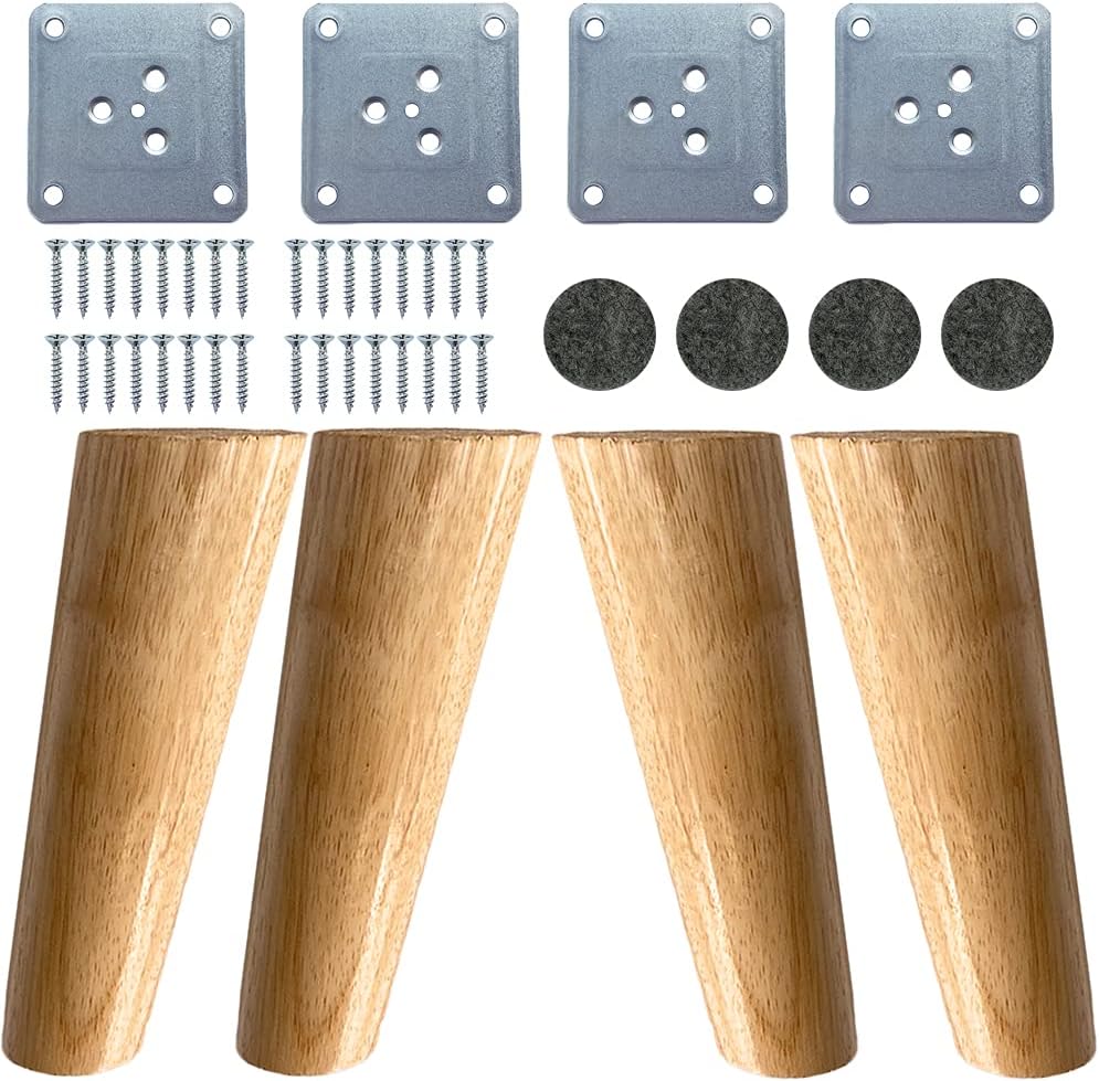 4PACK Solid Wood Furniture Legs 6 Inch Sofa Legs, Replacement Legs Mid Century Modern Legs for Couch End Table TV Stand Bed Dresser Cabinet, Accessorizes Included