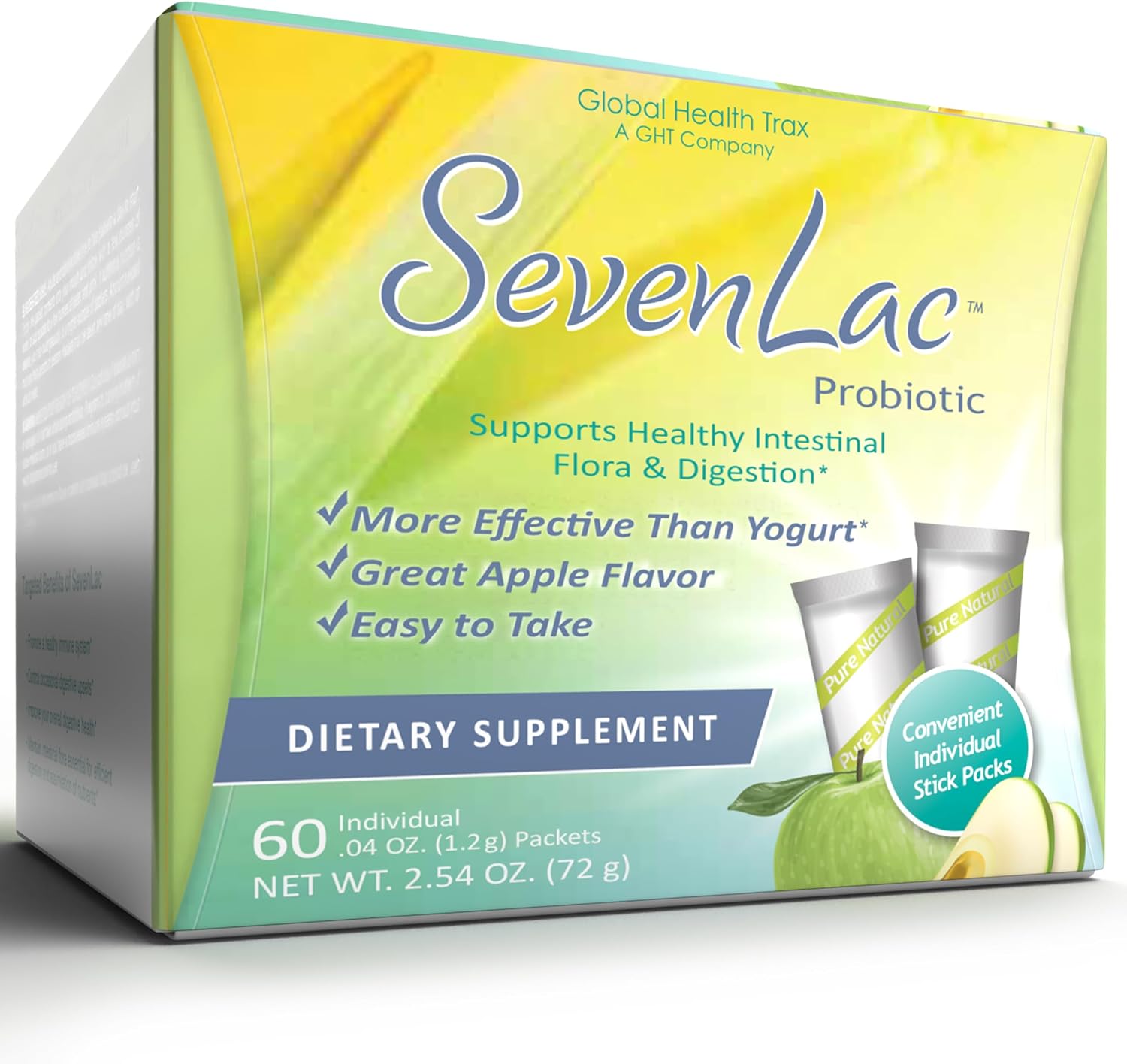 Global Health Trax SevenLac Apple Probiotic Powder Drink Mix, Probiotics for Women, Men, and Kids – Smooth Digestive Support - Relieves Constipation and Gas – 60 Packets, 2.54 Oz, Non-GMO, Gluten-Free