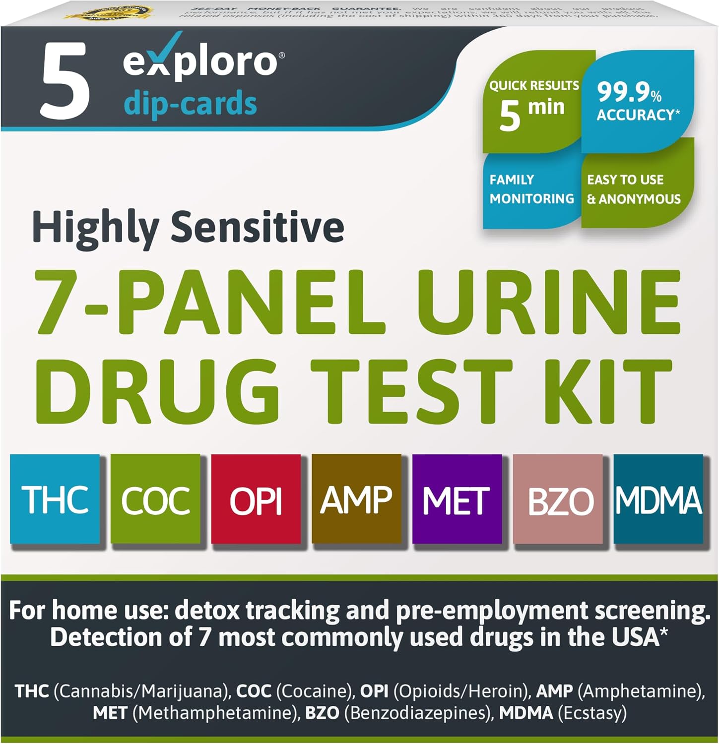 Exploro Home Drug Test Kit for all Drugs, 7-Panel Urine Drug Test for Marijuana, Cocaine, Opiates, Amphetamine, Methamphetamine, Benzos, Ecstasy, Drug testing kit Dip-Cards for 7 Drug Test (Pack of 5)